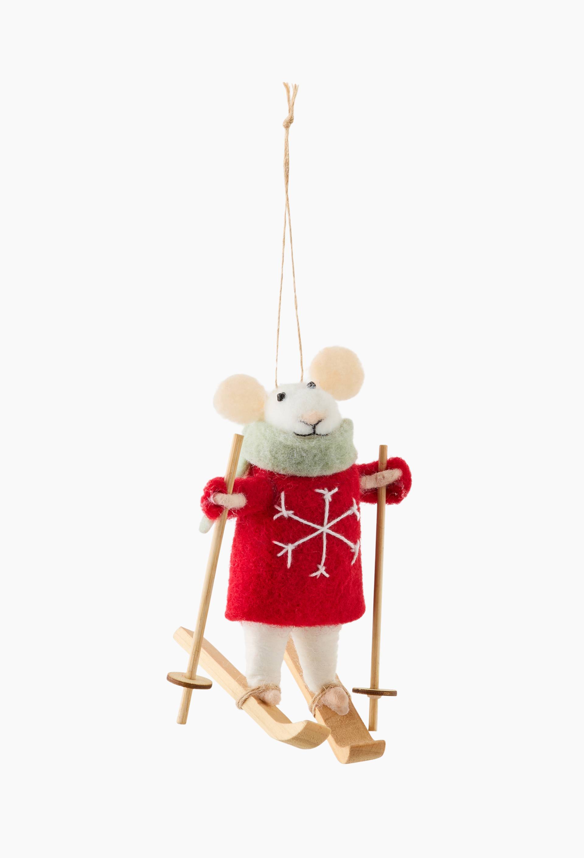 Ornement souris en ski, 11cm, en laine, Rouge, large image number 1
