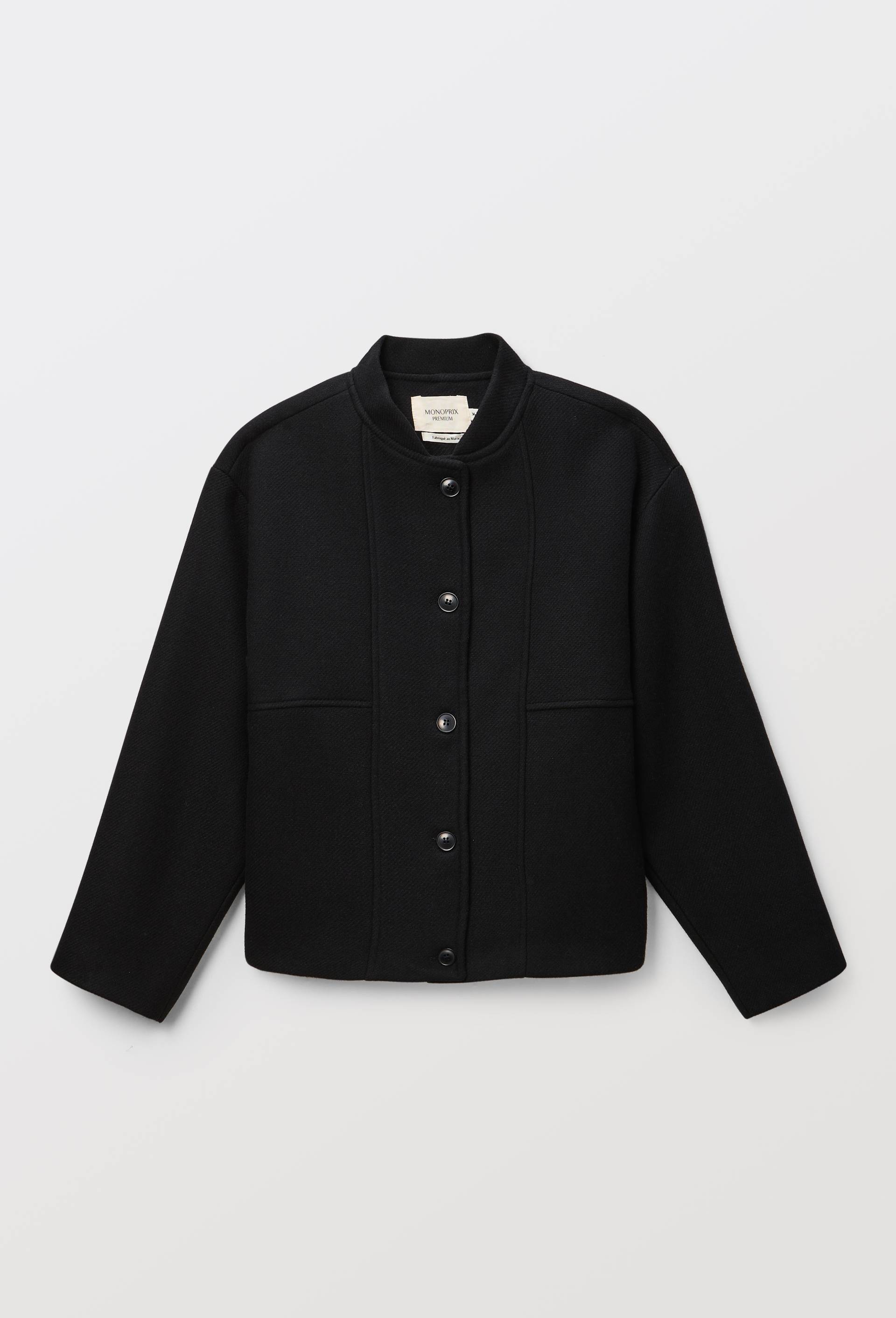 Blouson uni boutonn&eacute; contenant de la laine, Noir, large image number 2.0