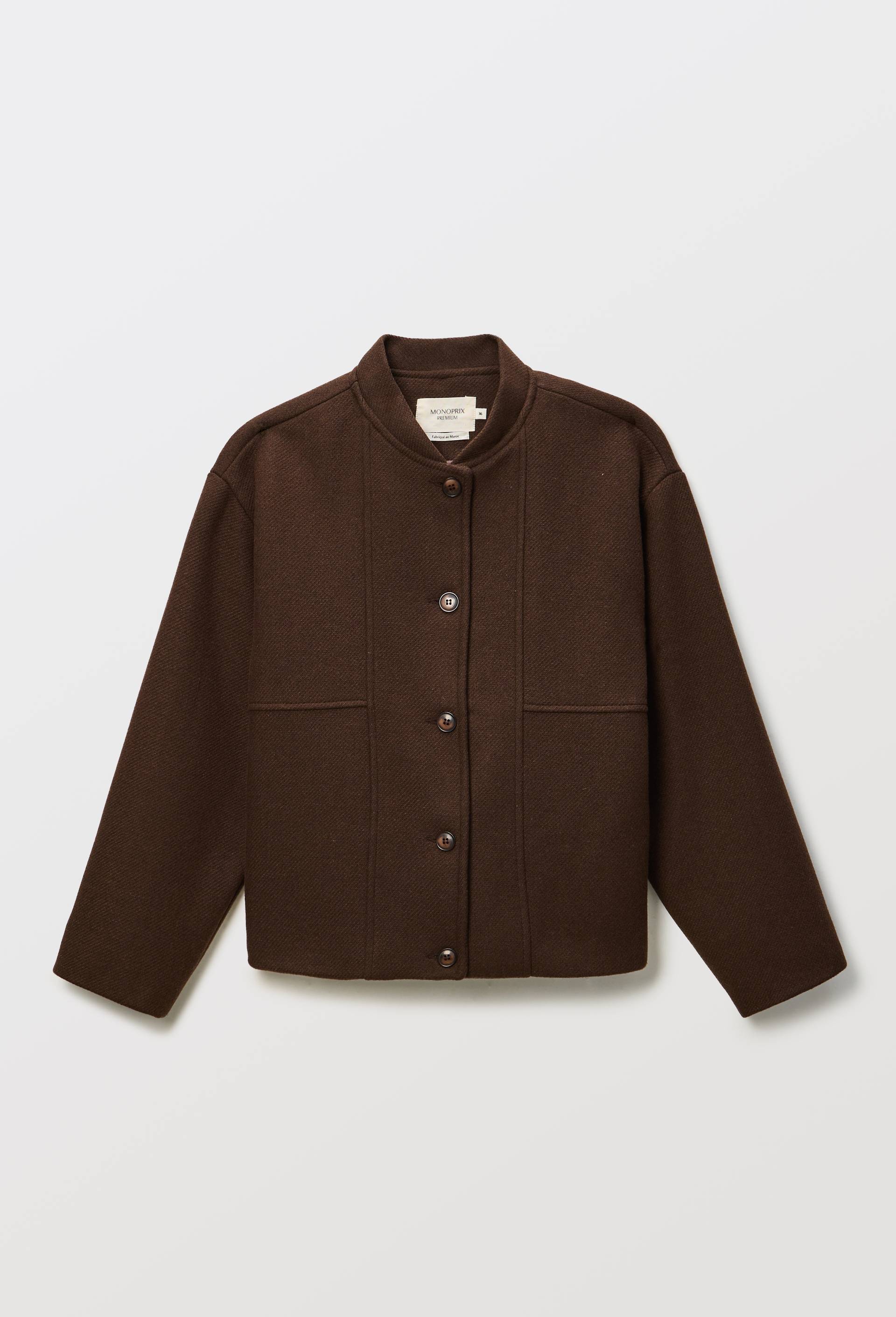 Blouson uni boutonn&eacute; contenant de la laine, Brun, large image number 2