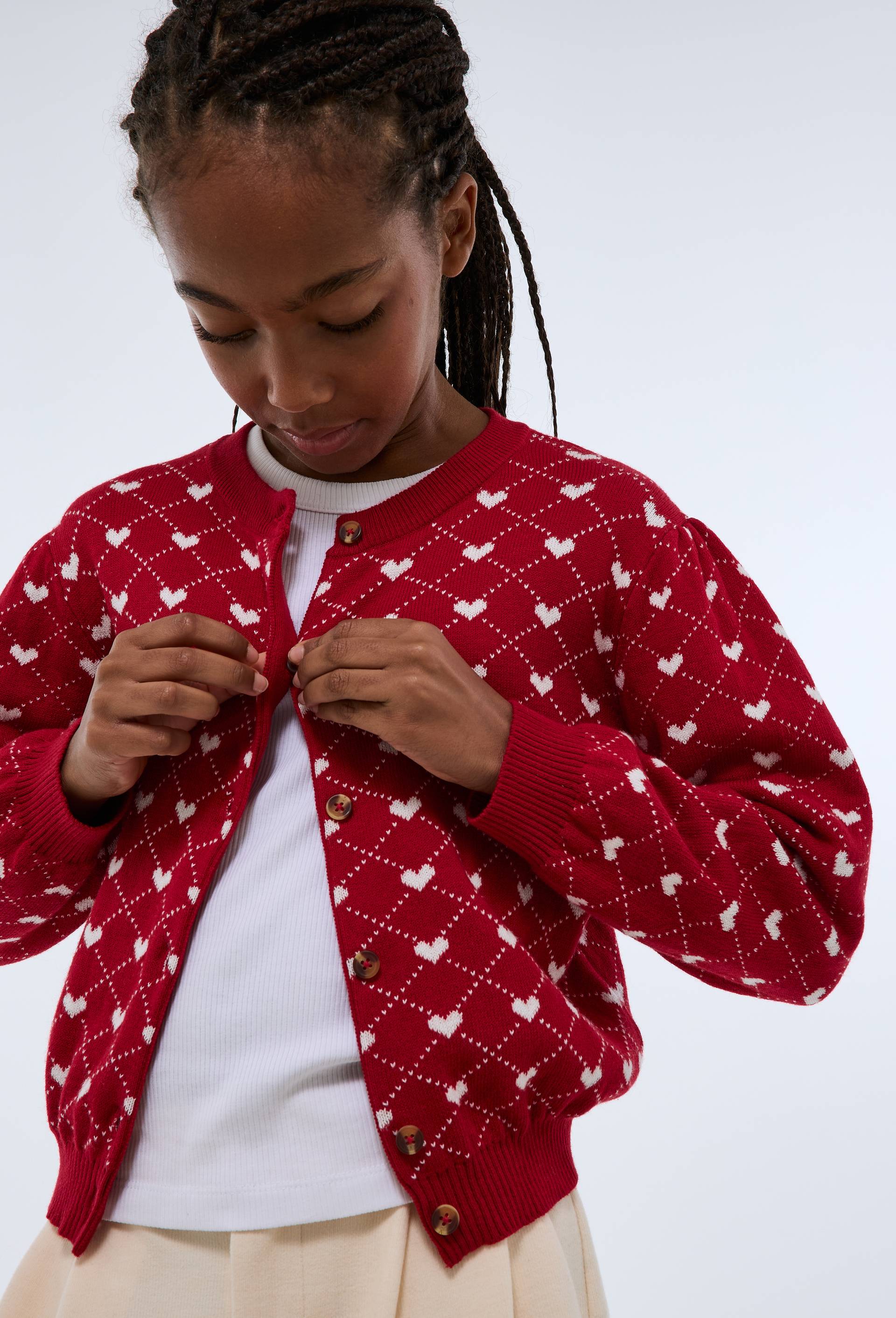 Cardigan jacquard motifs coeurs, Rouge, large image number 0