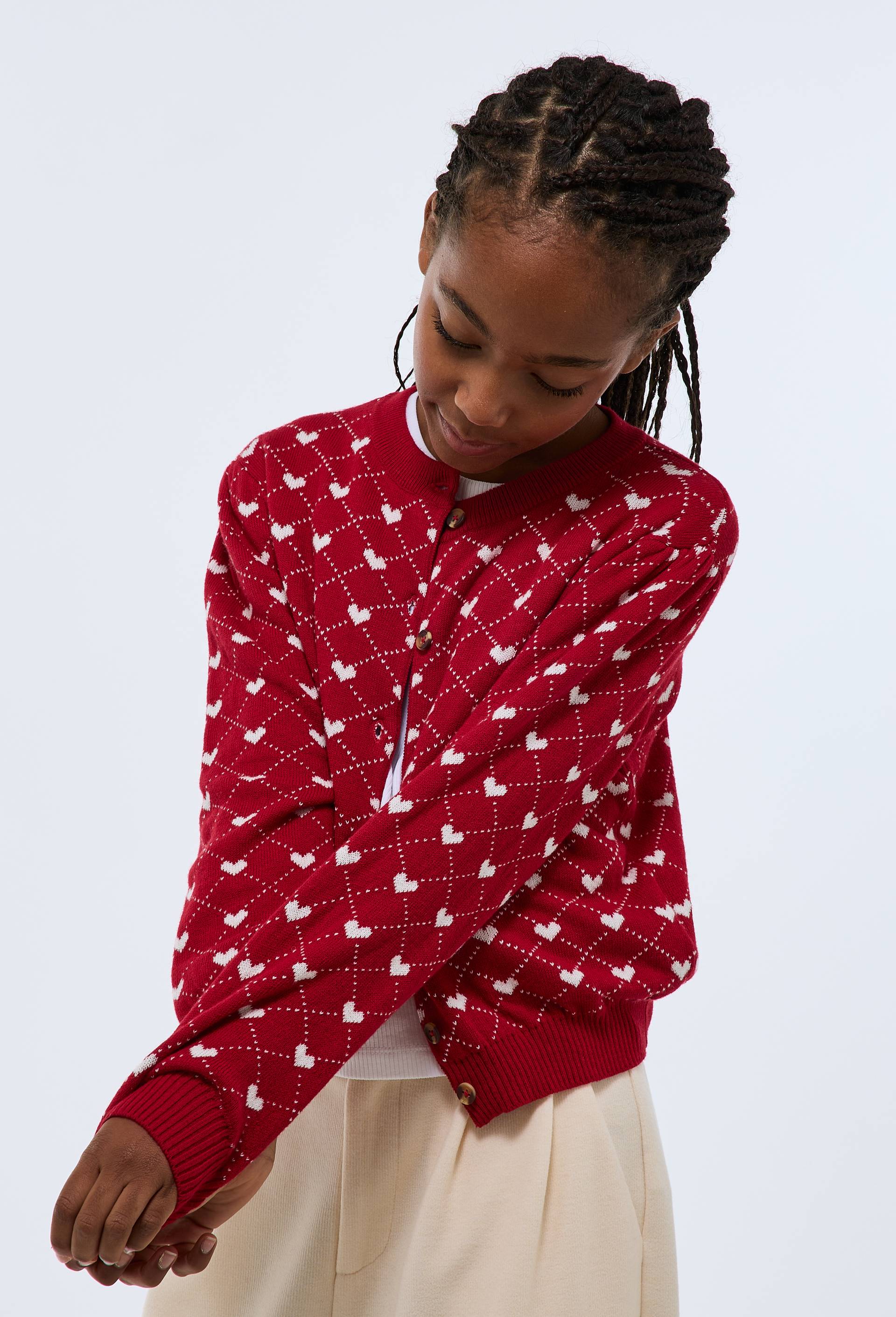 Cardigan jacquard motifs coeurs, Rouge, large image number 1