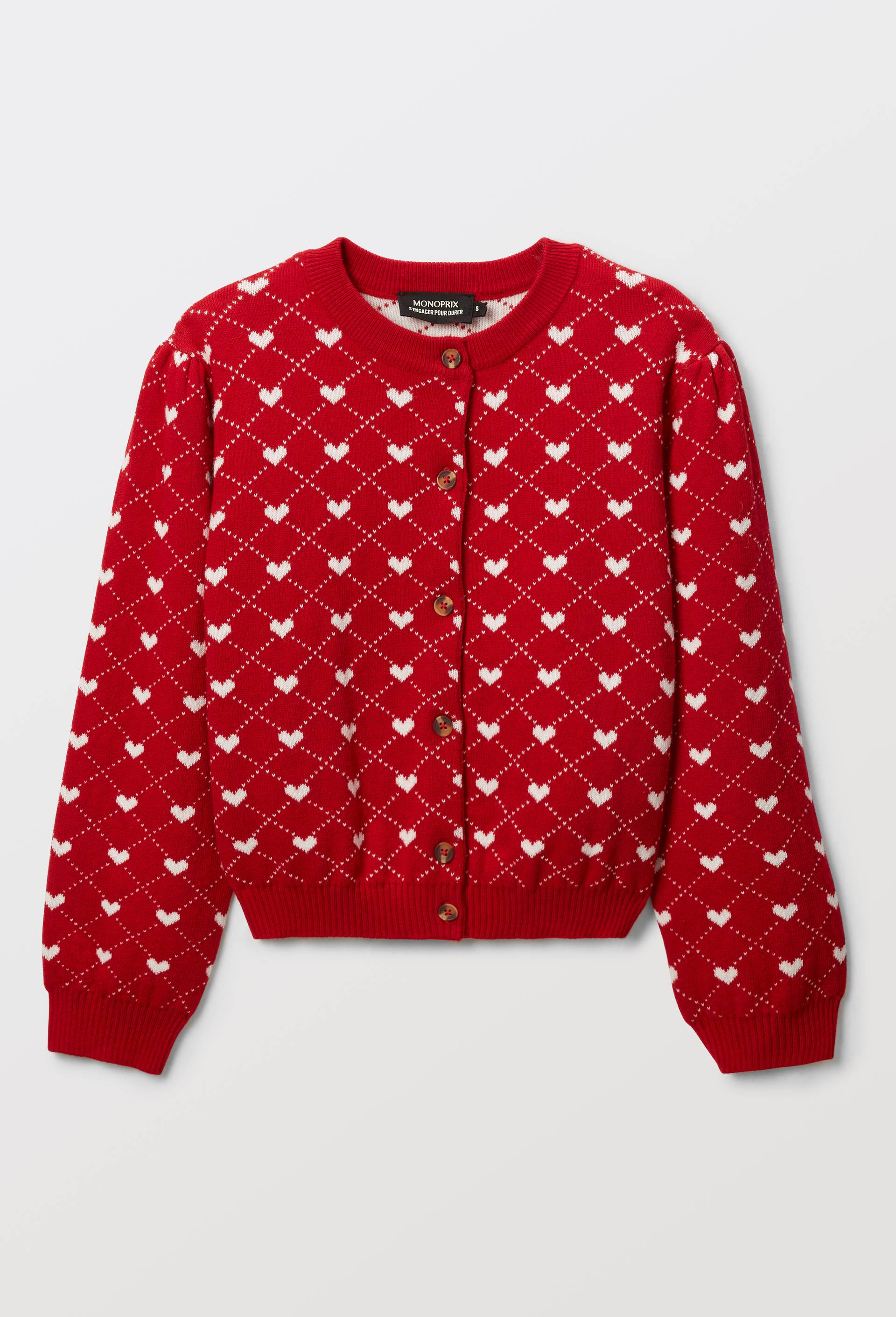 Cardigan jacquard motifs coeurs, Rouge, large image number 2