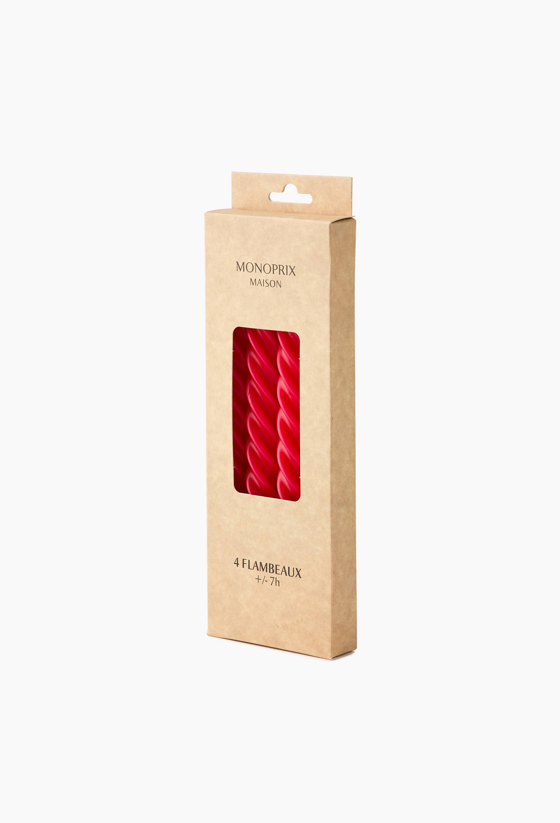 Lot de 4 bougies flambeaux torsad&eacute;es, 25cm, en cire, Rouge, large image number 1.0