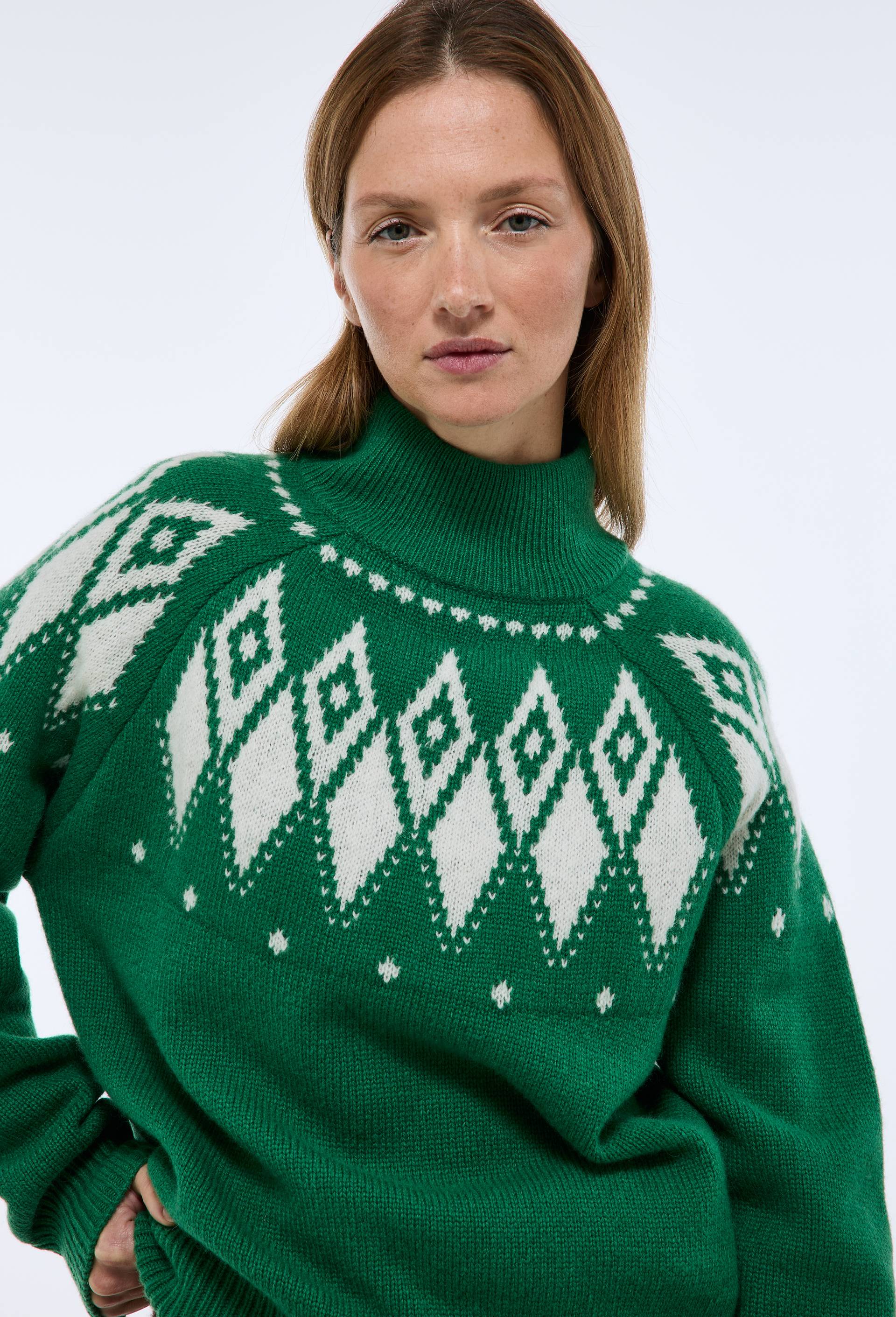 Pull col montant avec jacquard fantaisie en laine, Oeko-Tex, Vert, large image number 1.0