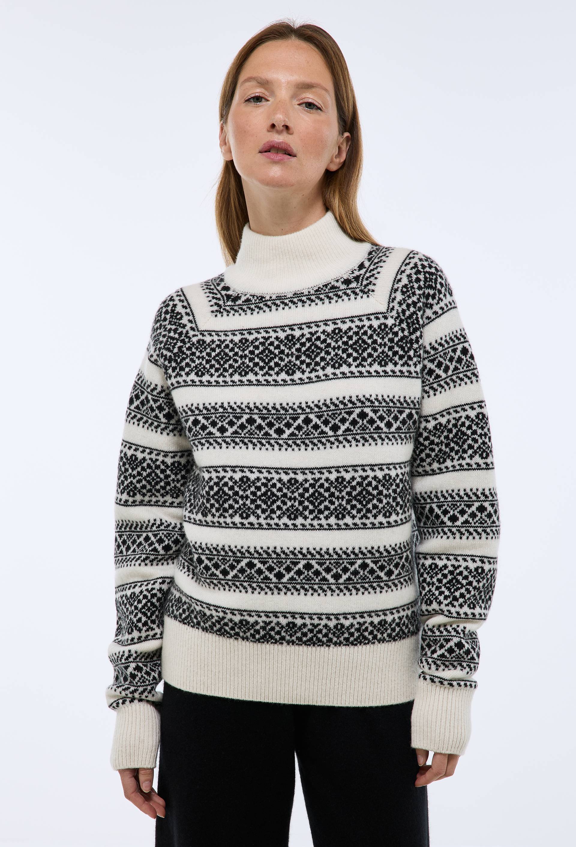 Pull col montant avec jacquard fantaisie en laine, Oeko-Tex, Ecru, large image number 1.0