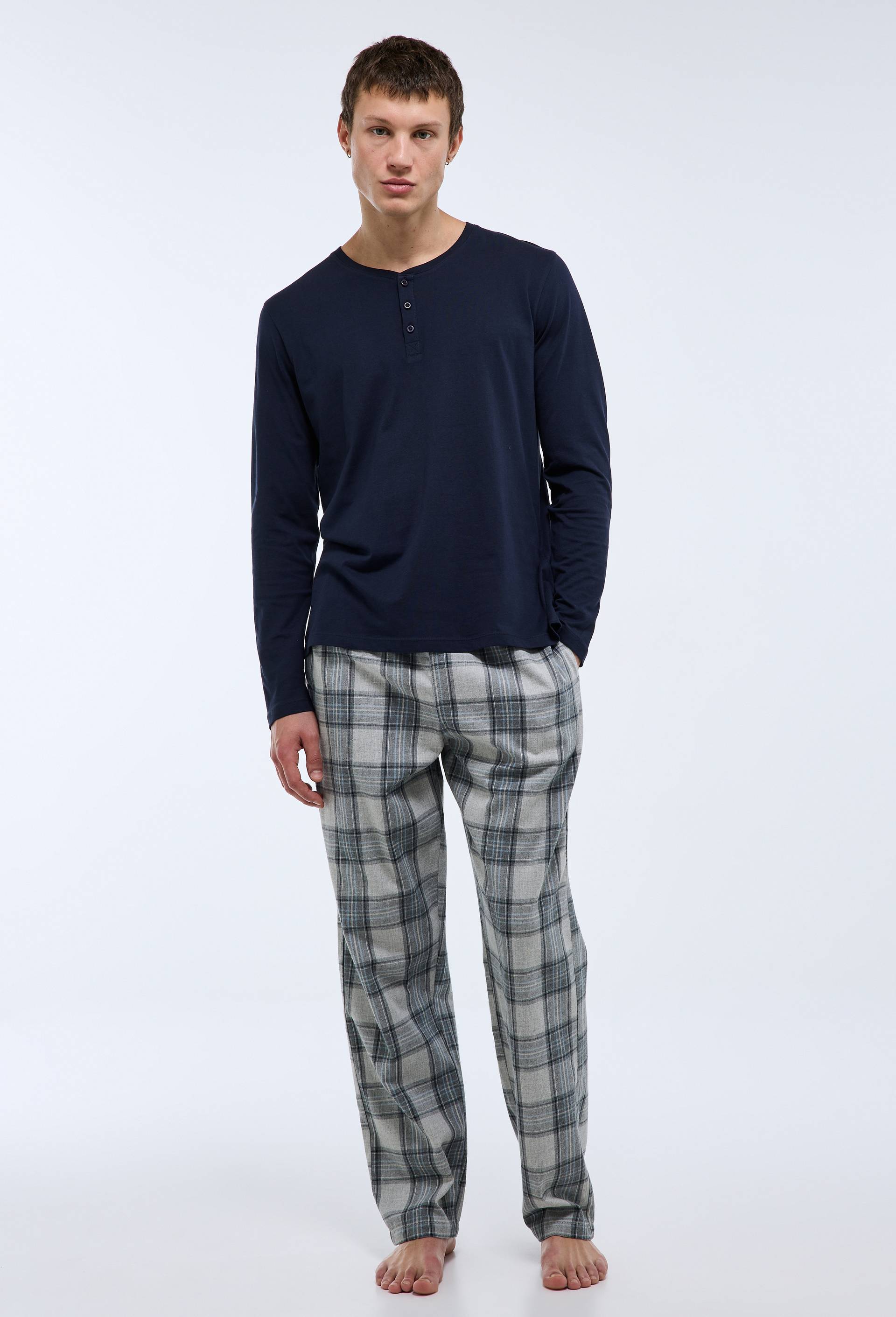 Pyjama T-shirt manches longues en jersey de coton et pantalon gratté en coton GOTS BLEU FONCE pour homme MONOPRIX