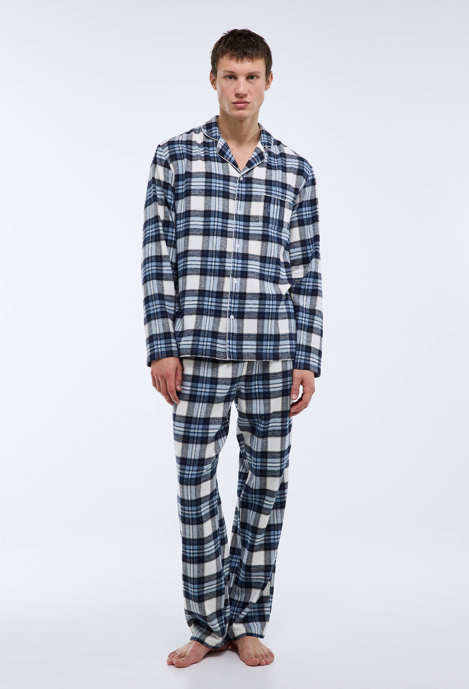 Pyjama chemise manches longues et pantalon gratt&eacute; en coton BIO GOTS &agrave; carreaux, Bleu fonc&eacute;, large image number 1.0