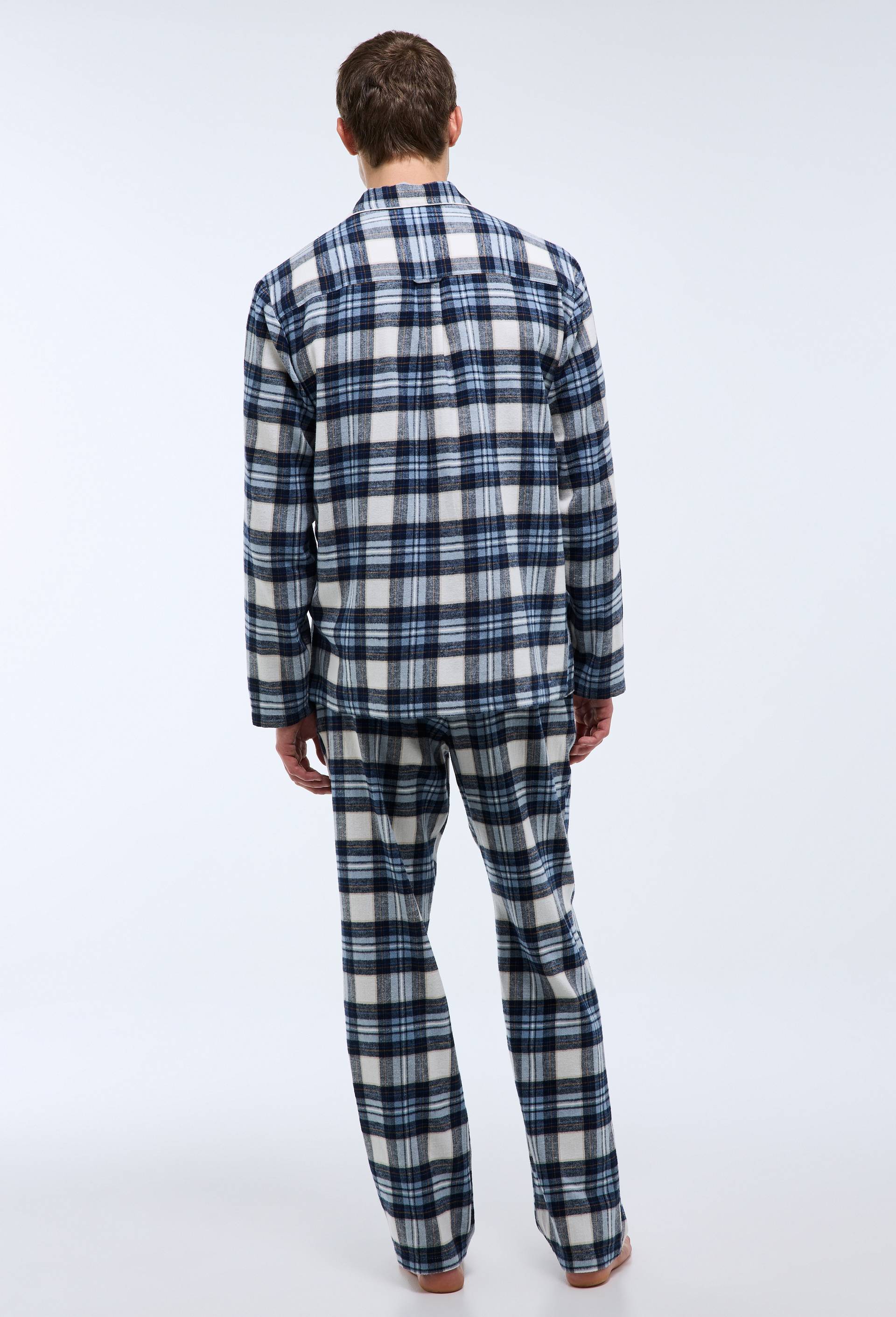 Pyjama chemise manches longues et pantalon gratt&eacute; en coton BIO GOTS &agrave; carreaux, Bleu fonc&eacute;, large image number 2.0