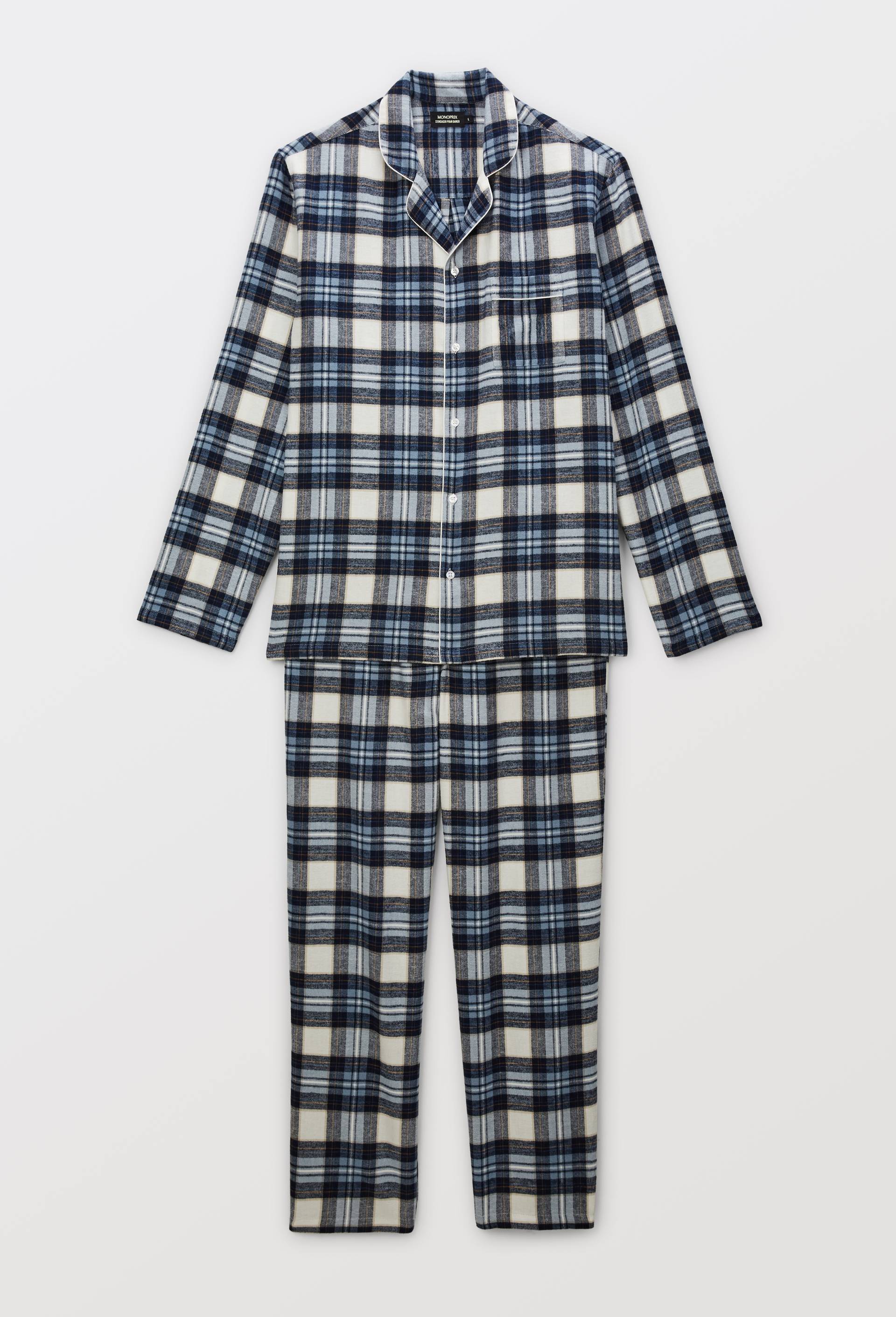 Pyjama chemise manches longues et pantalon gratt&eacute; en coton BIO GOTS &agrave; carreaux, Bleu fonc&eacute;, large image number 3.0