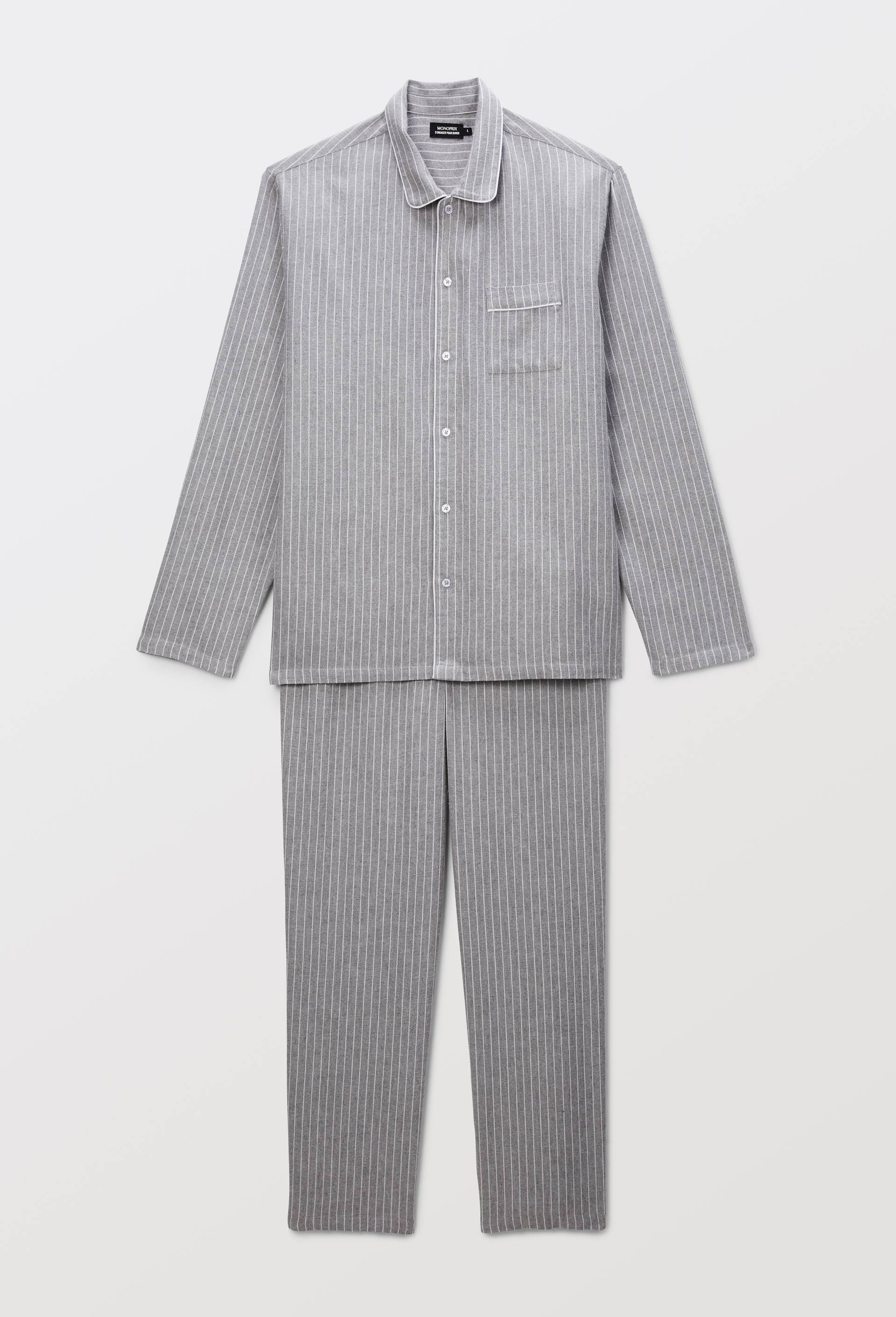 Pyjama chemise manches longues et pantalon gratt&eacute; en coton GOTS &agrave; rayures, Gris, large image number 3