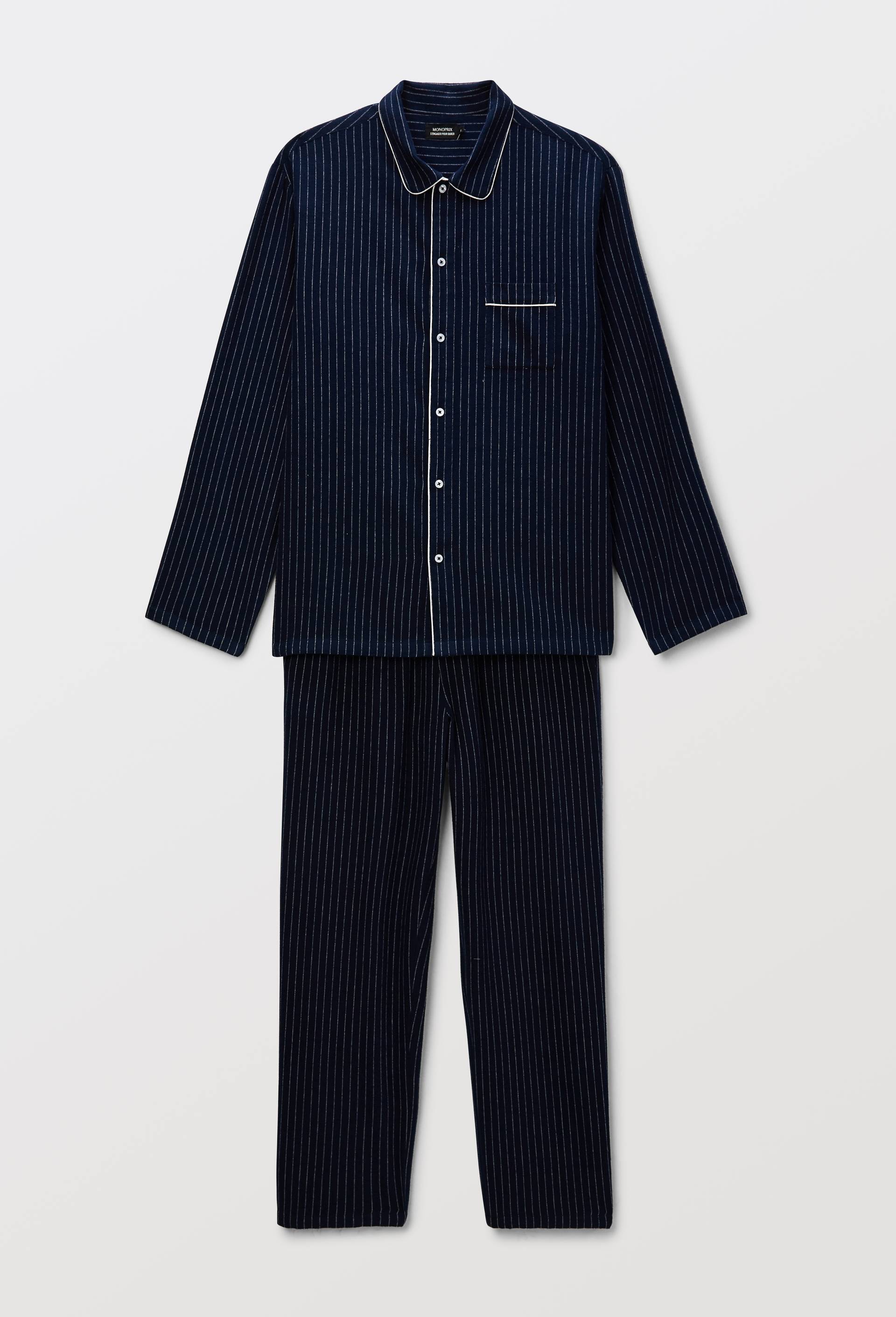 Pyjama chemise manches longues et pantalon gratt&eacute; en coton GOTS &agrave; rayures, Bleu fonc&eacute;, large image number 2.0