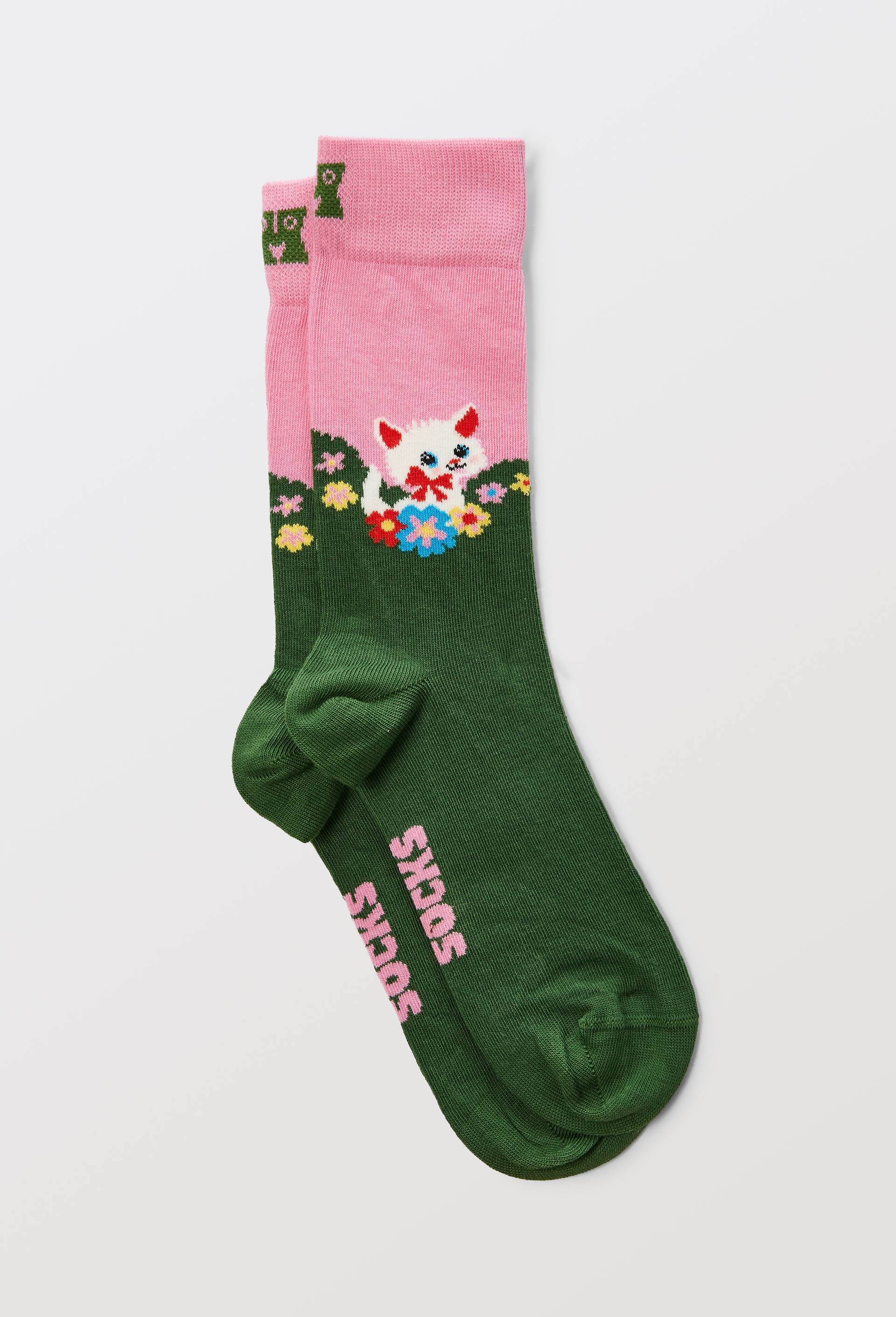 Paire de chaussettes &agrave; motifs chat en coton HAPPY SOCKS, Vert fonc&eacute;, large image number 1