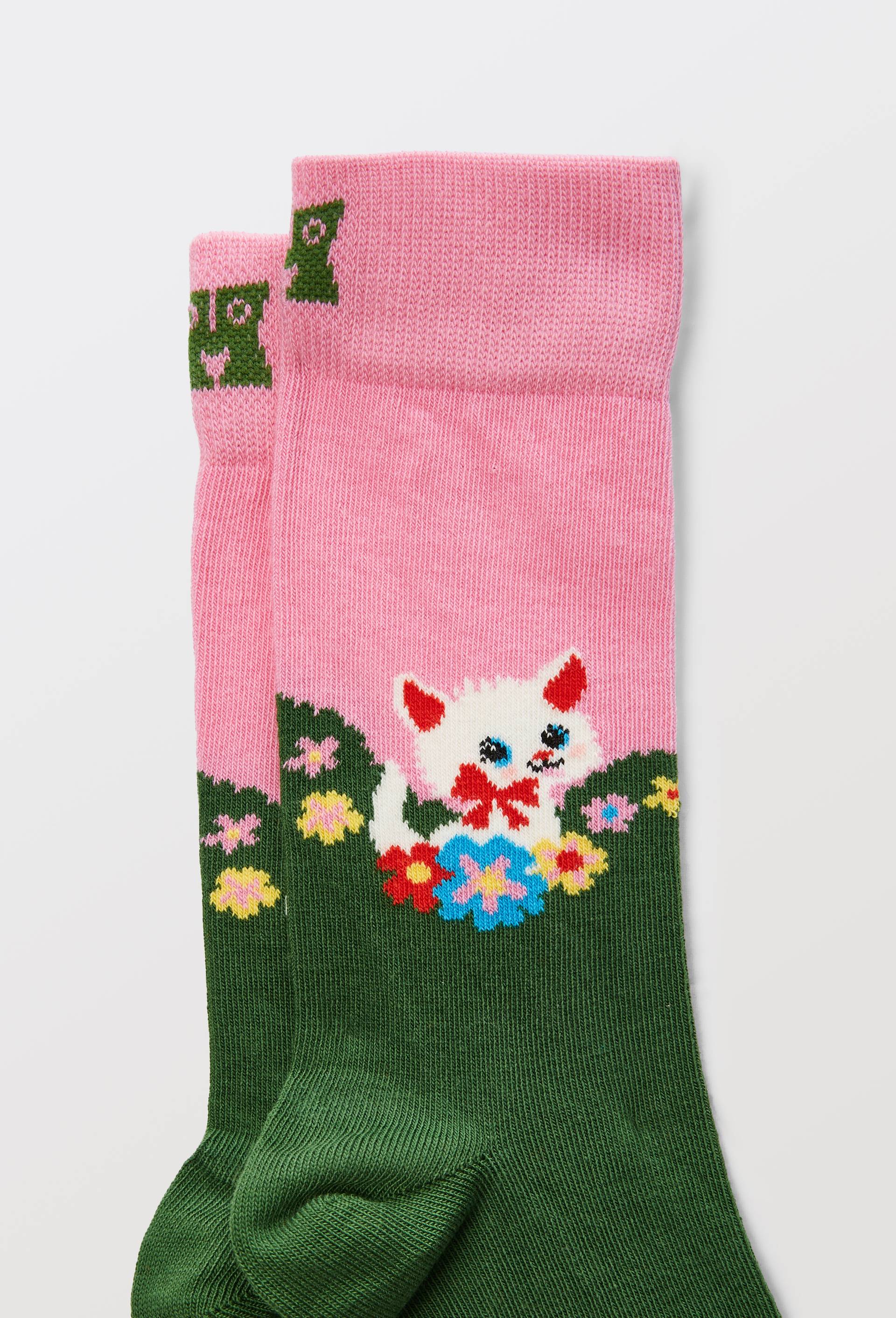 Paire de chaussettes &agrave; motifs chat en coton HAPPY SOCKS, Vert fonc&eacute;, large image number 2.0