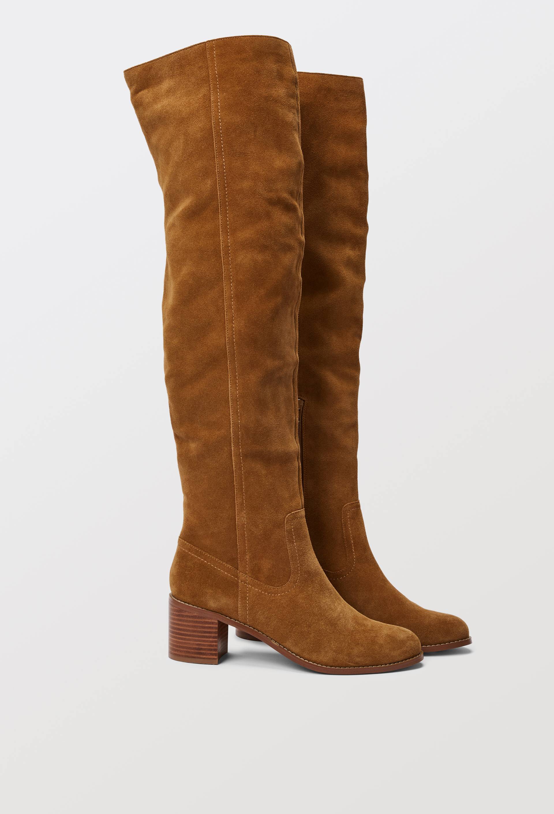 Cuissardes &agrave; talon en cuir velours, Beige, large image number 0