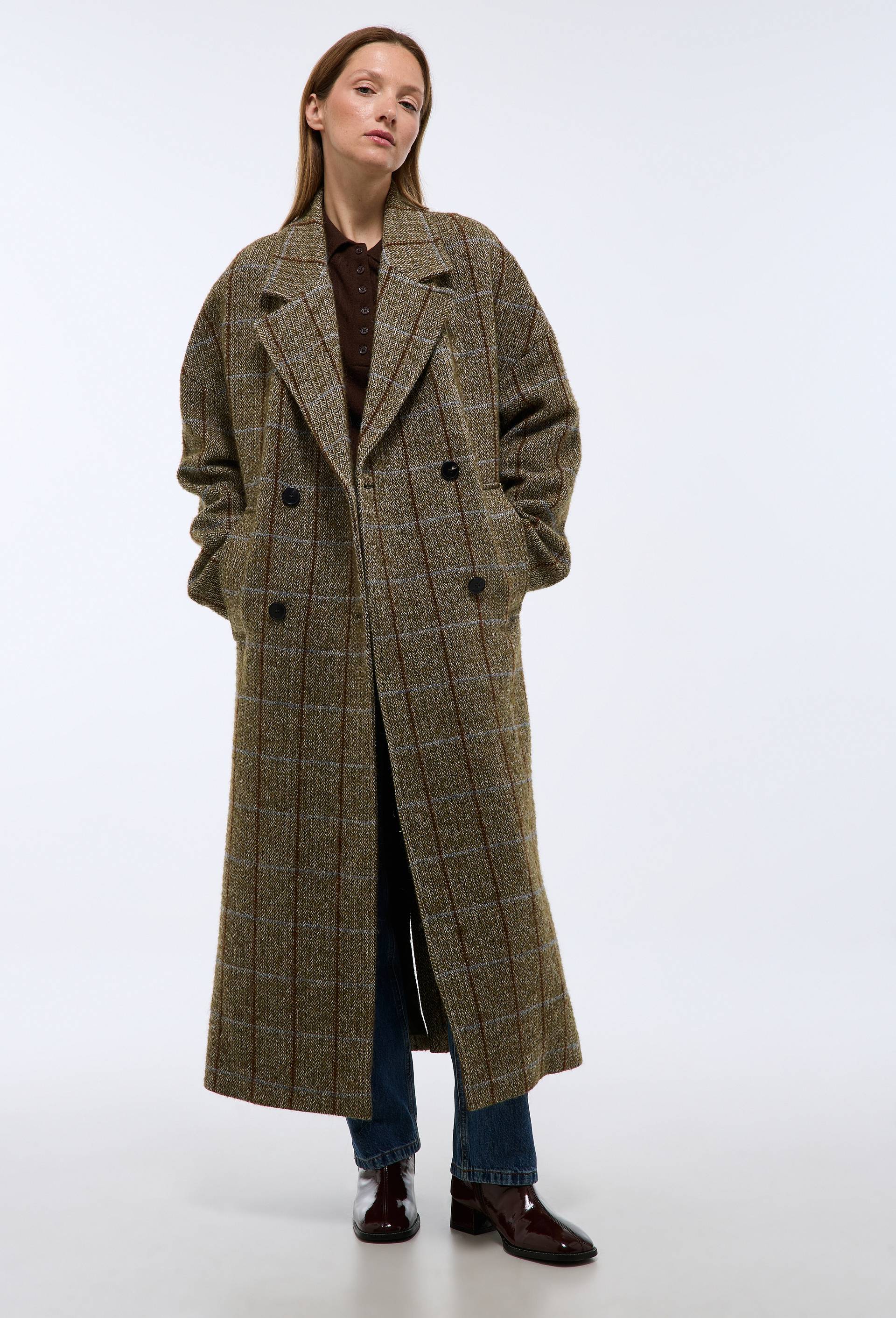 Manteau long &agrave; carreaux &agrave; double boutonnage contenant de la laine, Brun fonc&eacute;, large image number 2.0