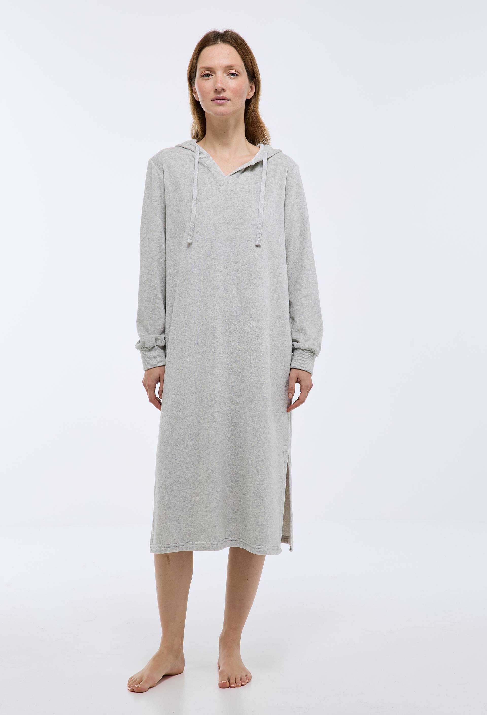 Chemise de nuit longue avec capuche unie en velours, Gris, large image number 0