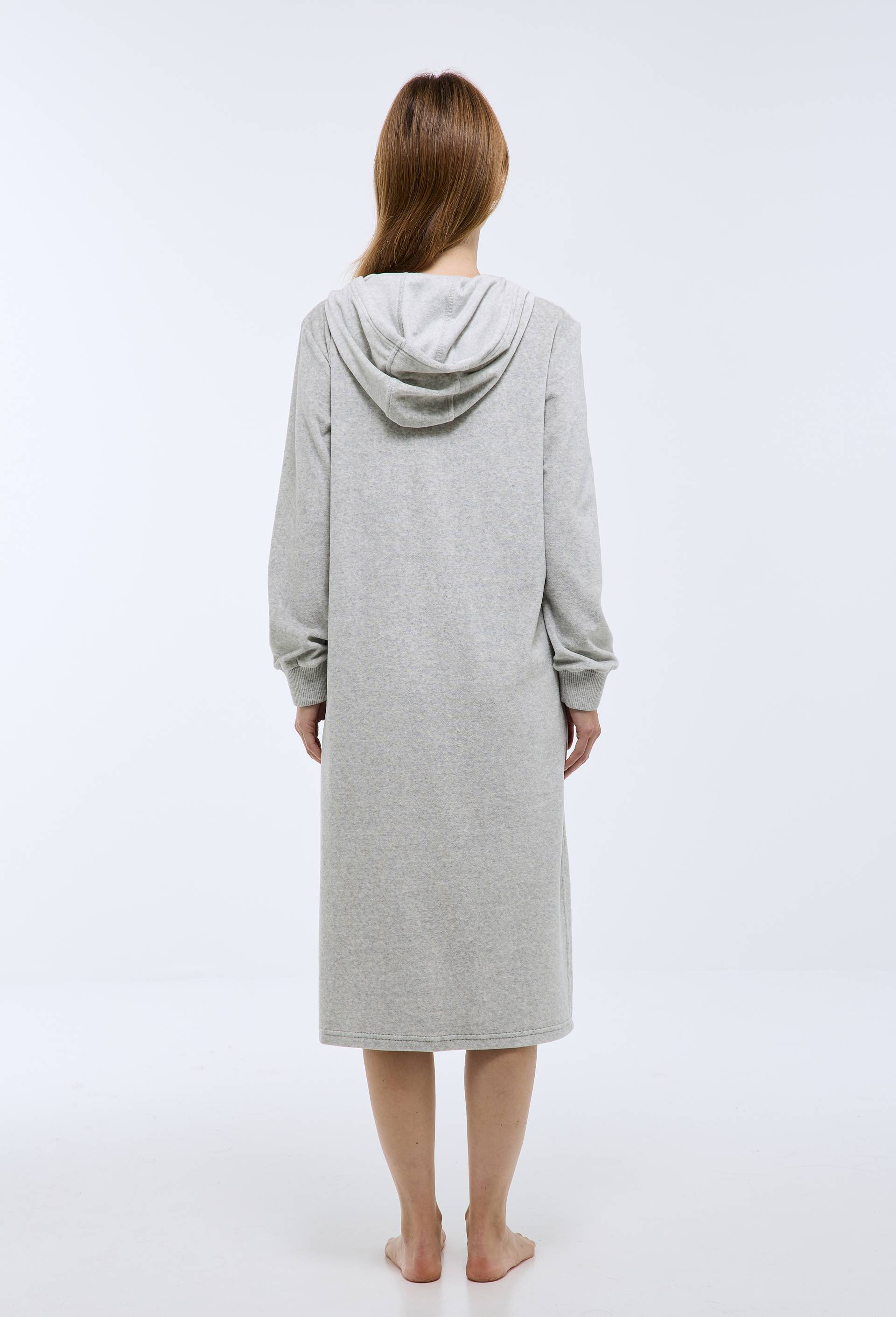 Chemise de nuit longue avec capuche unie en velours, Gris, large image number 1.0