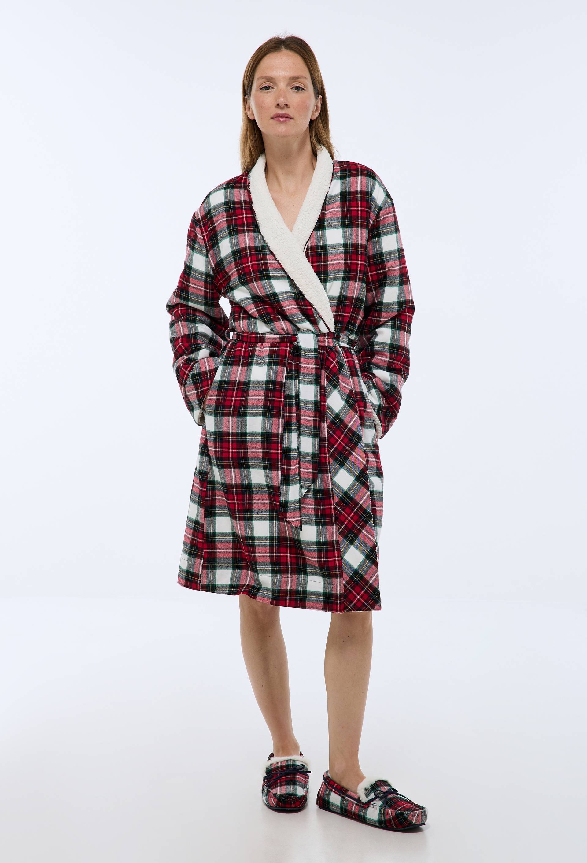 Peignoir à carreaux en flanelle intérieur sherpa ECRU pour femme