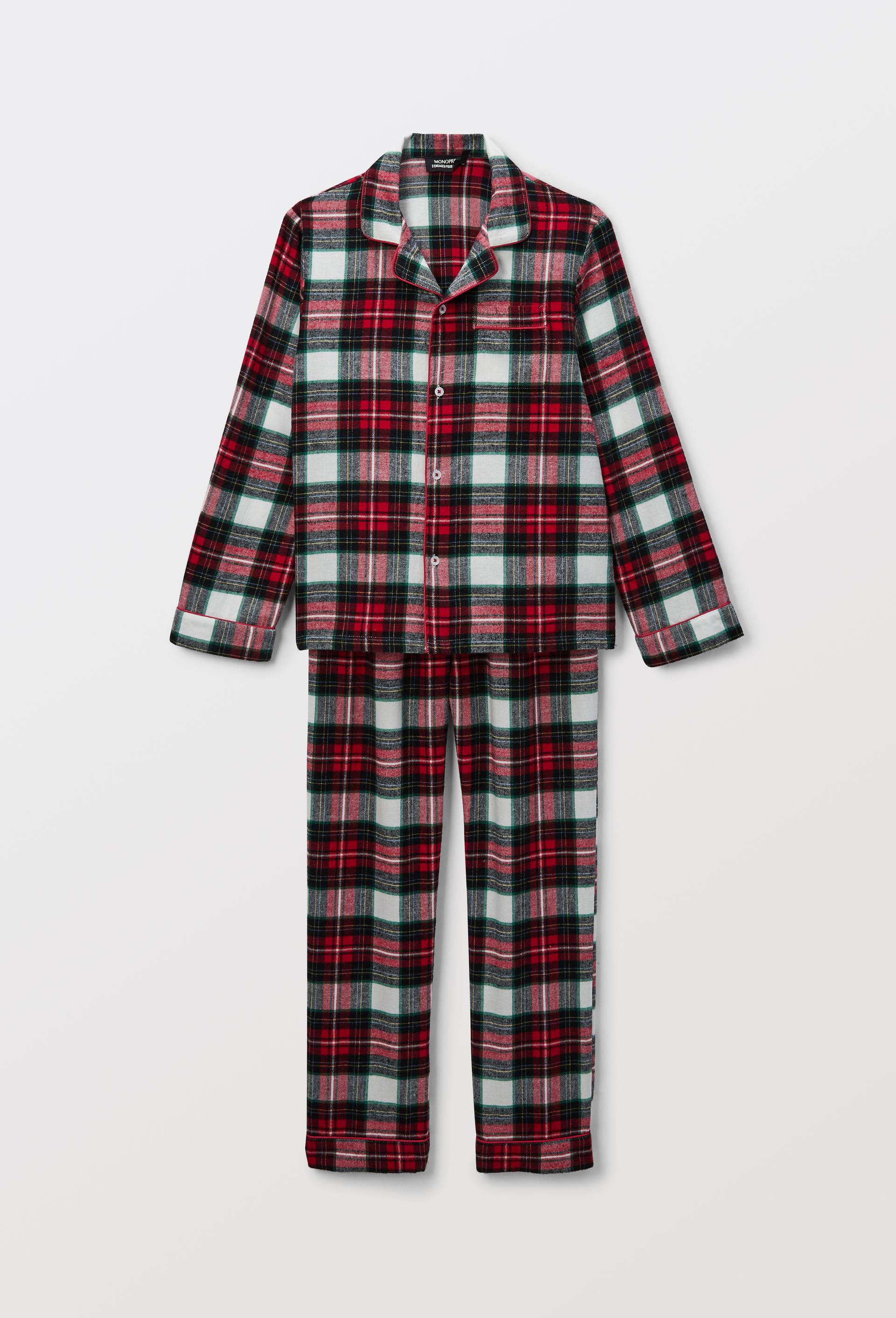 Pyjama chemise manches longues &agrave; carreaux en coton, Ecru, large image number 0