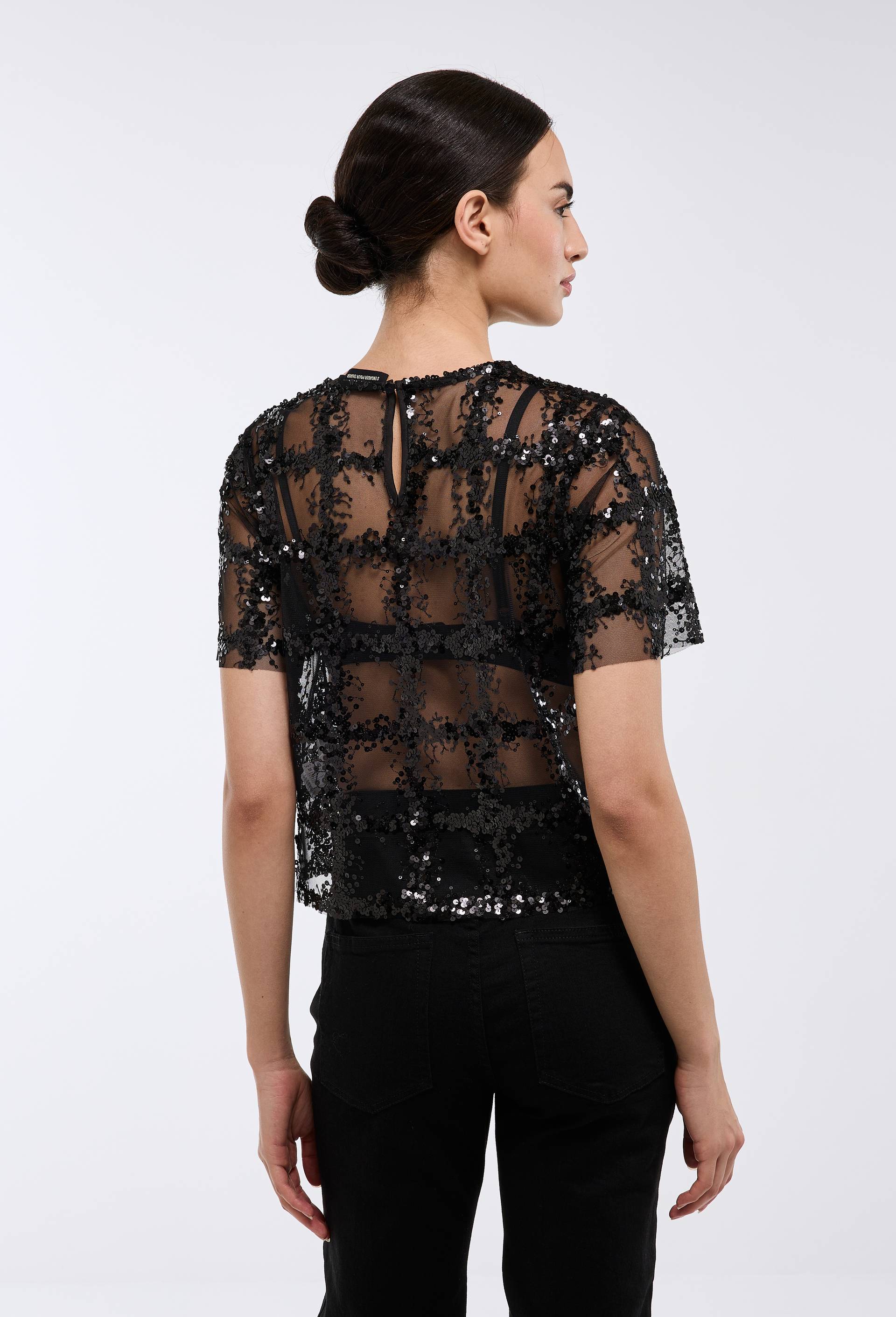 Top manches courtes transparent avec d&eacute;tails sequins, Noir, large image number 1.0