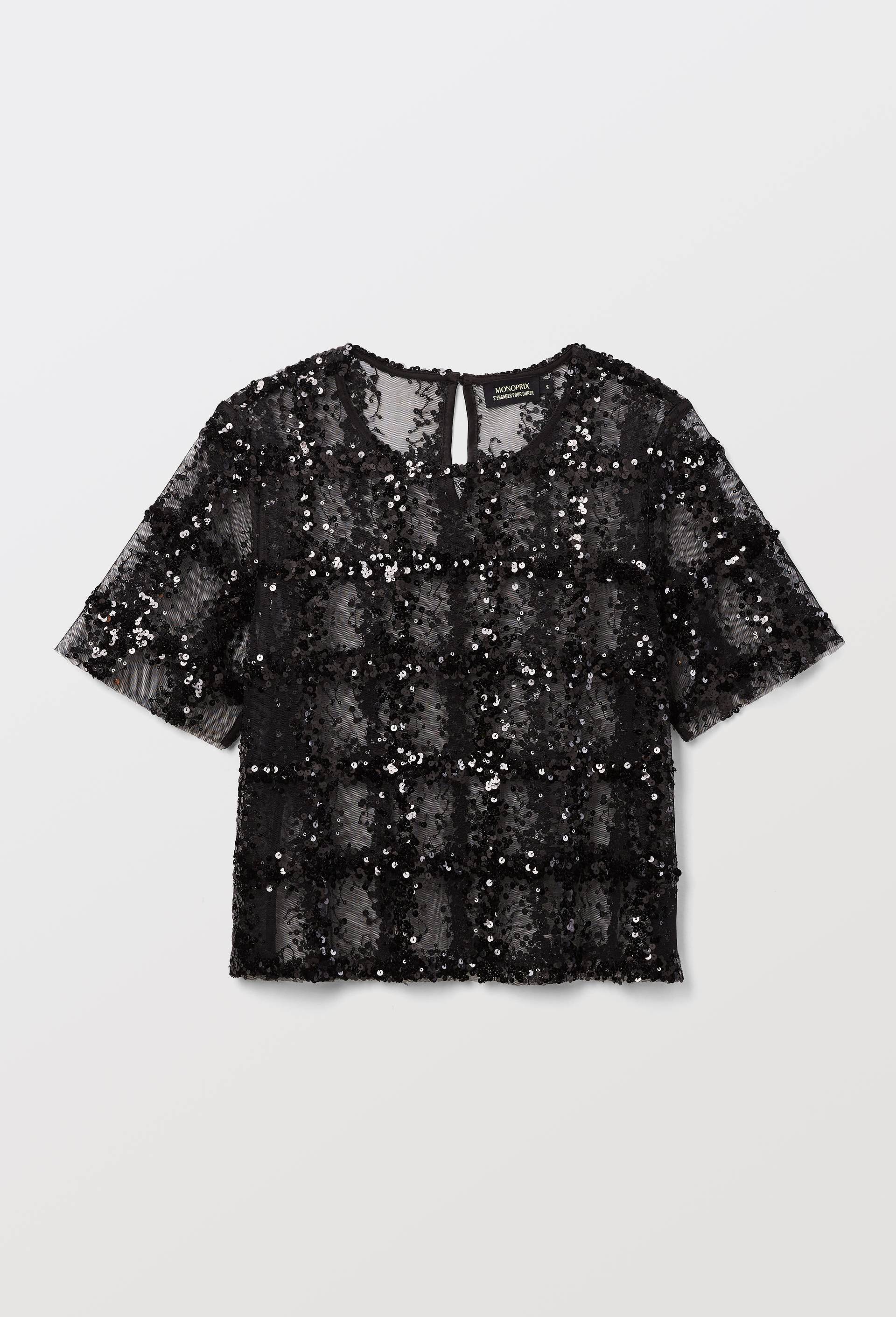 Top manches courtes transparent avec d&eacute;tails sequins, Noir, large image number 2