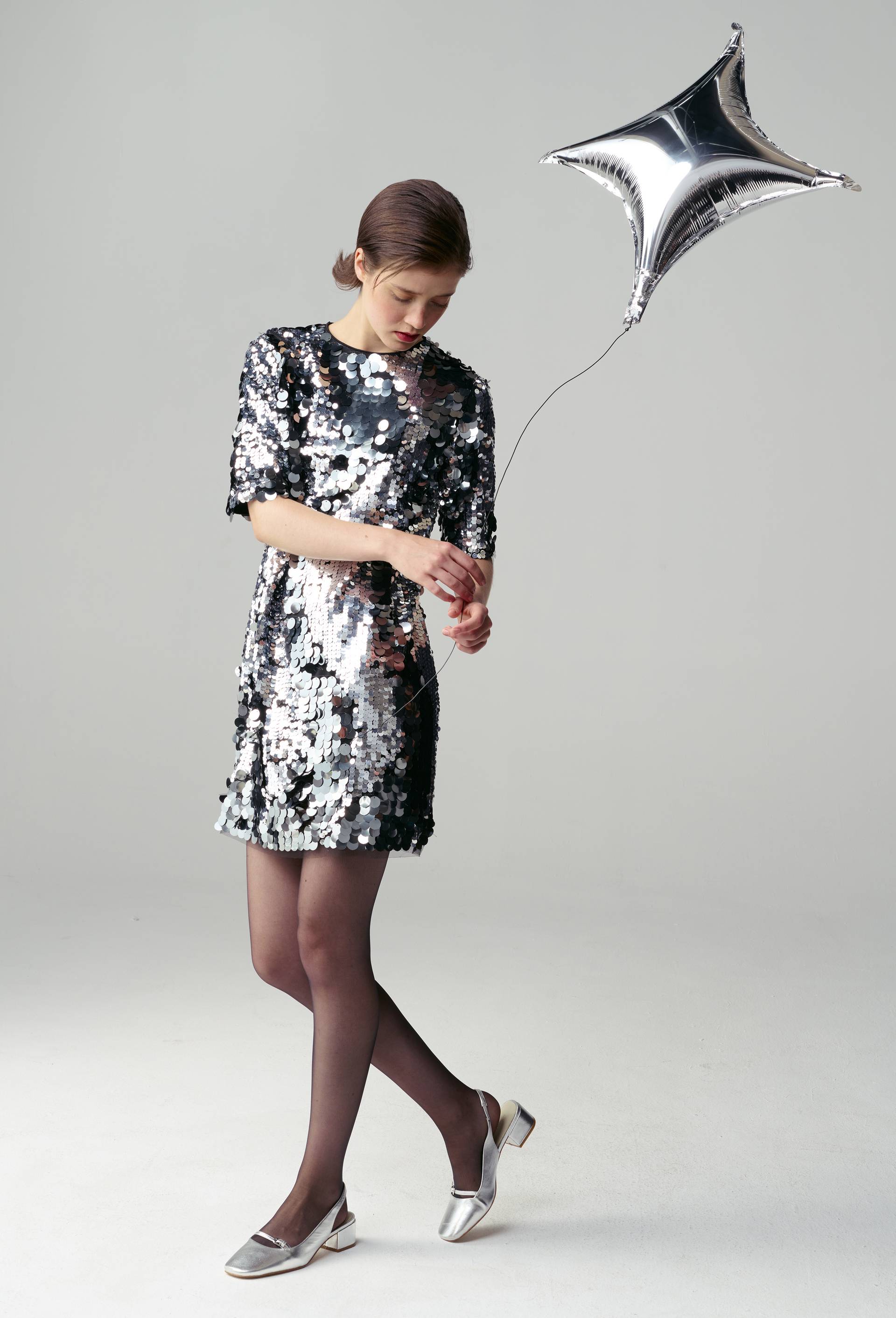 Robe courte unie sequins, Argent, large image number 0