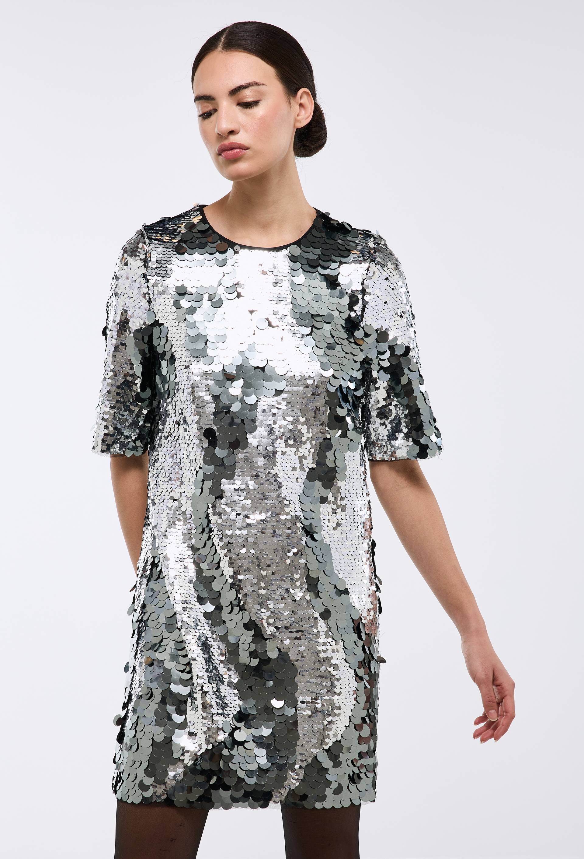 Robe courte unie sequins, Argent, large image number 1