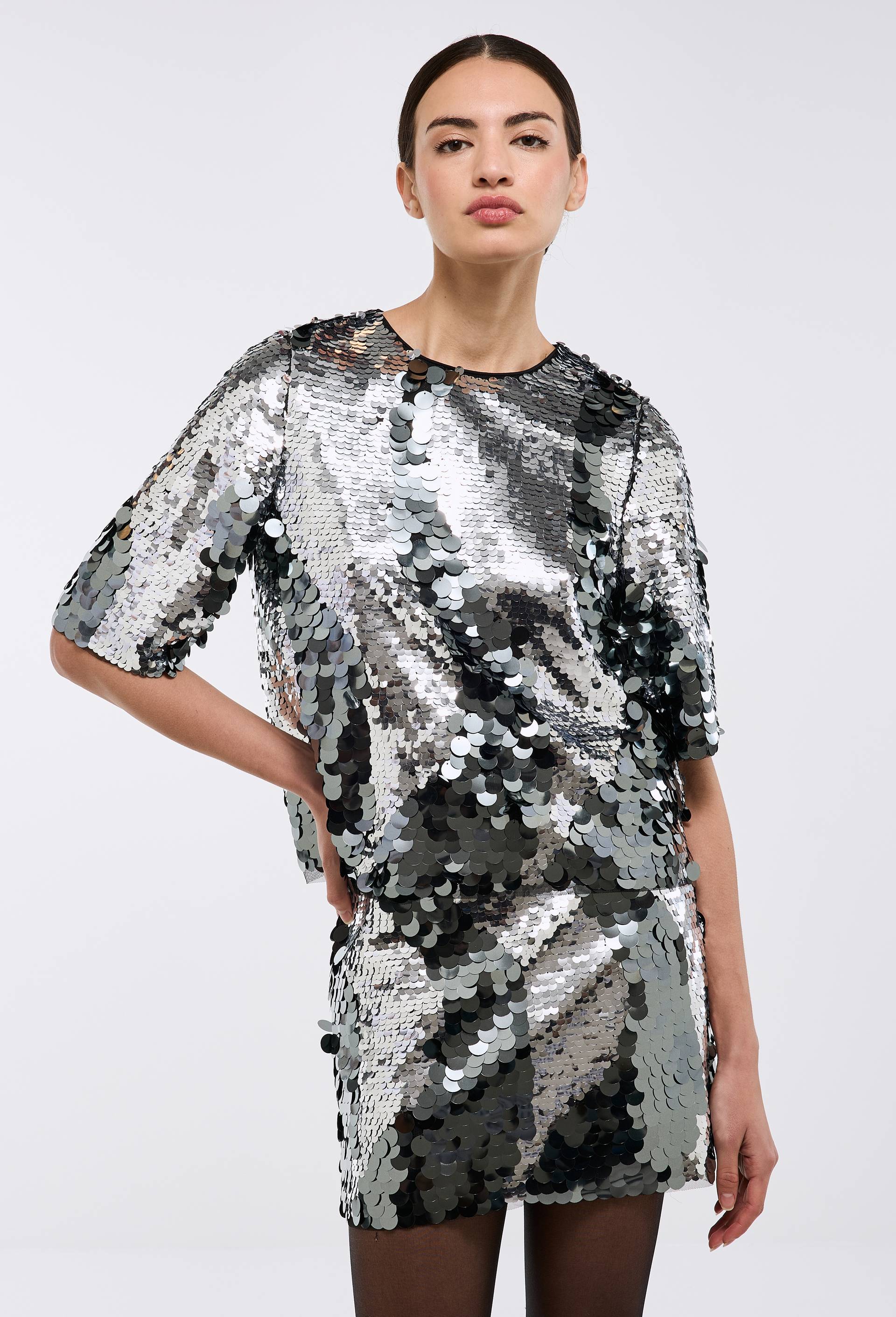 Top manches courtes en sequins, Argent, large image number 0.0