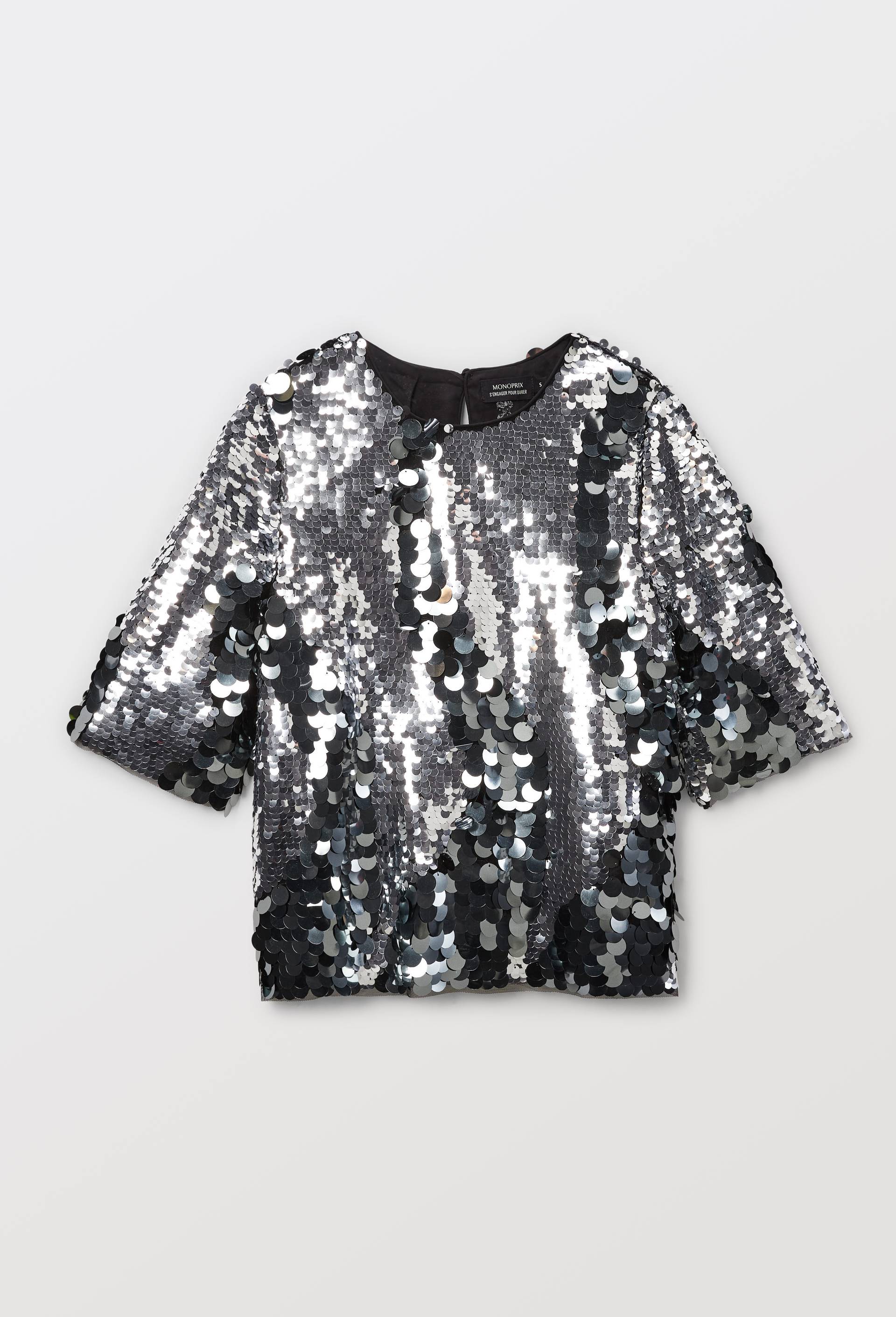 Top manches courtes en sequins, Argent, large image number 2.0