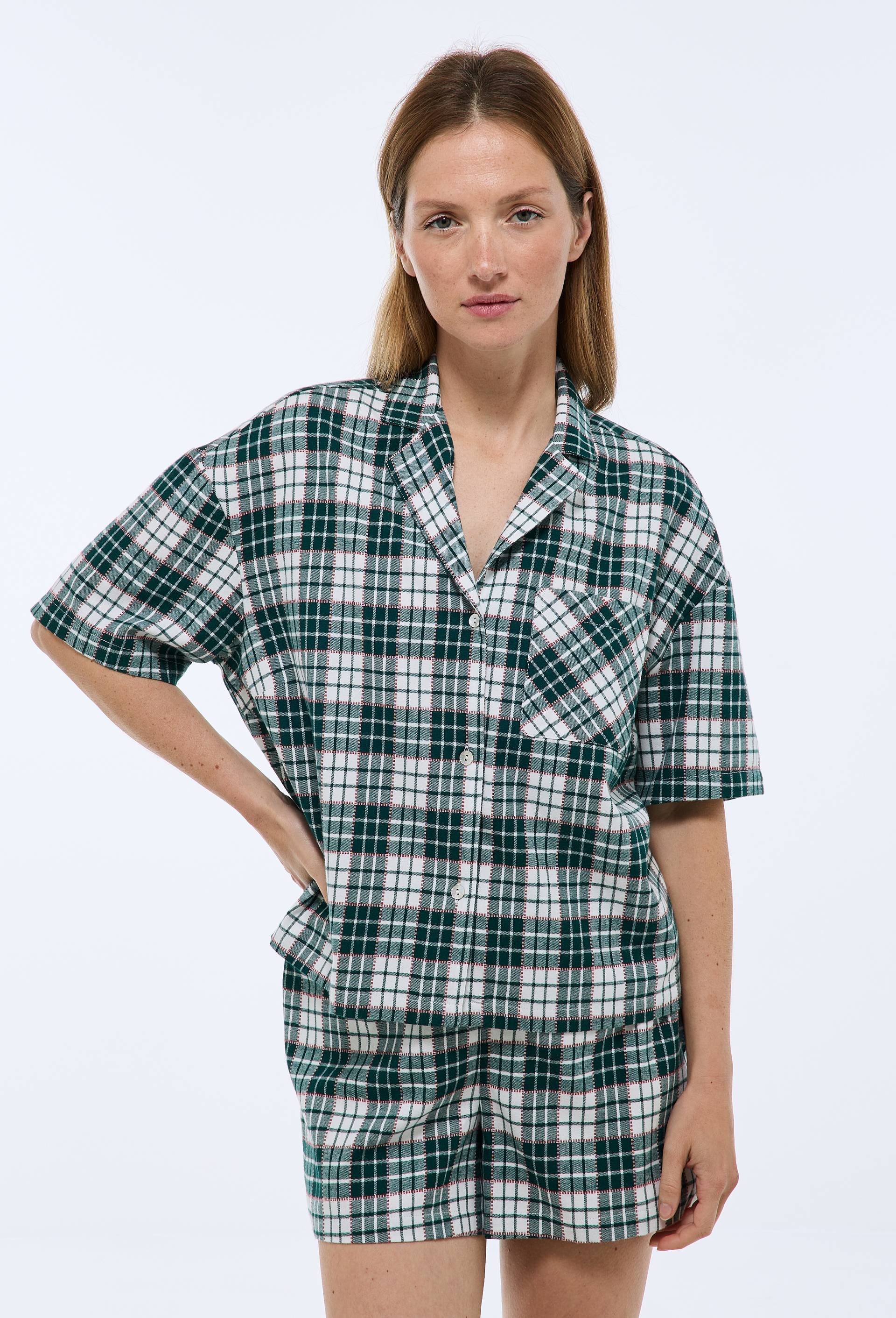 Pyjama short &agrave; carreaux en flanelle de coton, Ecru, large image number 0.0