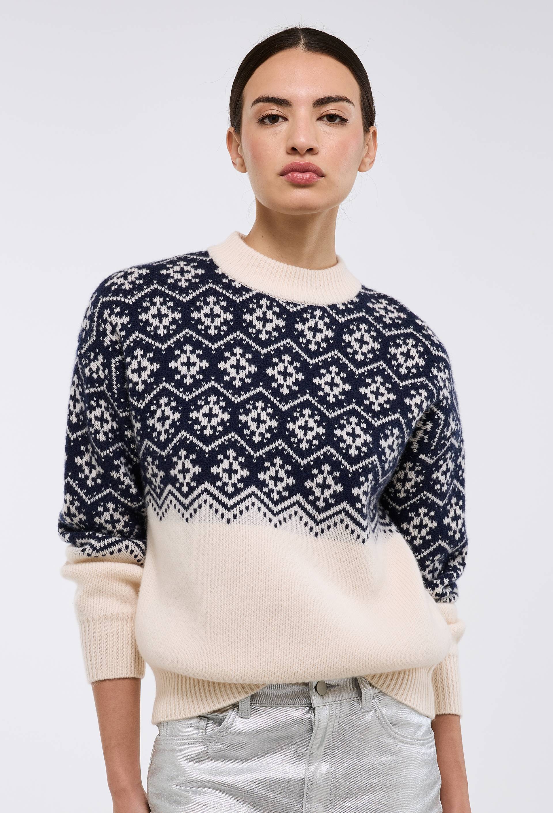 Pull jacquard fantaisie en laine, Bleu fonc&eacute;, large image number 0