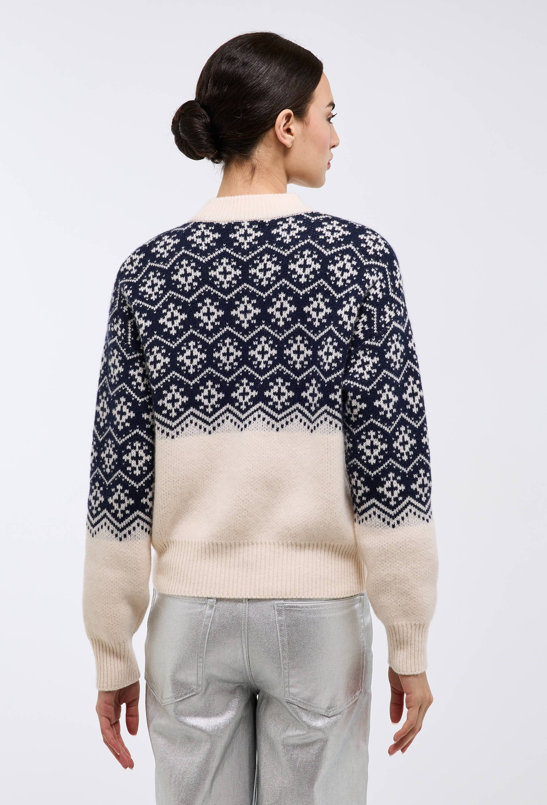 Pull jacquard fantaisie en laine, Bleu fonc&eacute;, large image number 1
