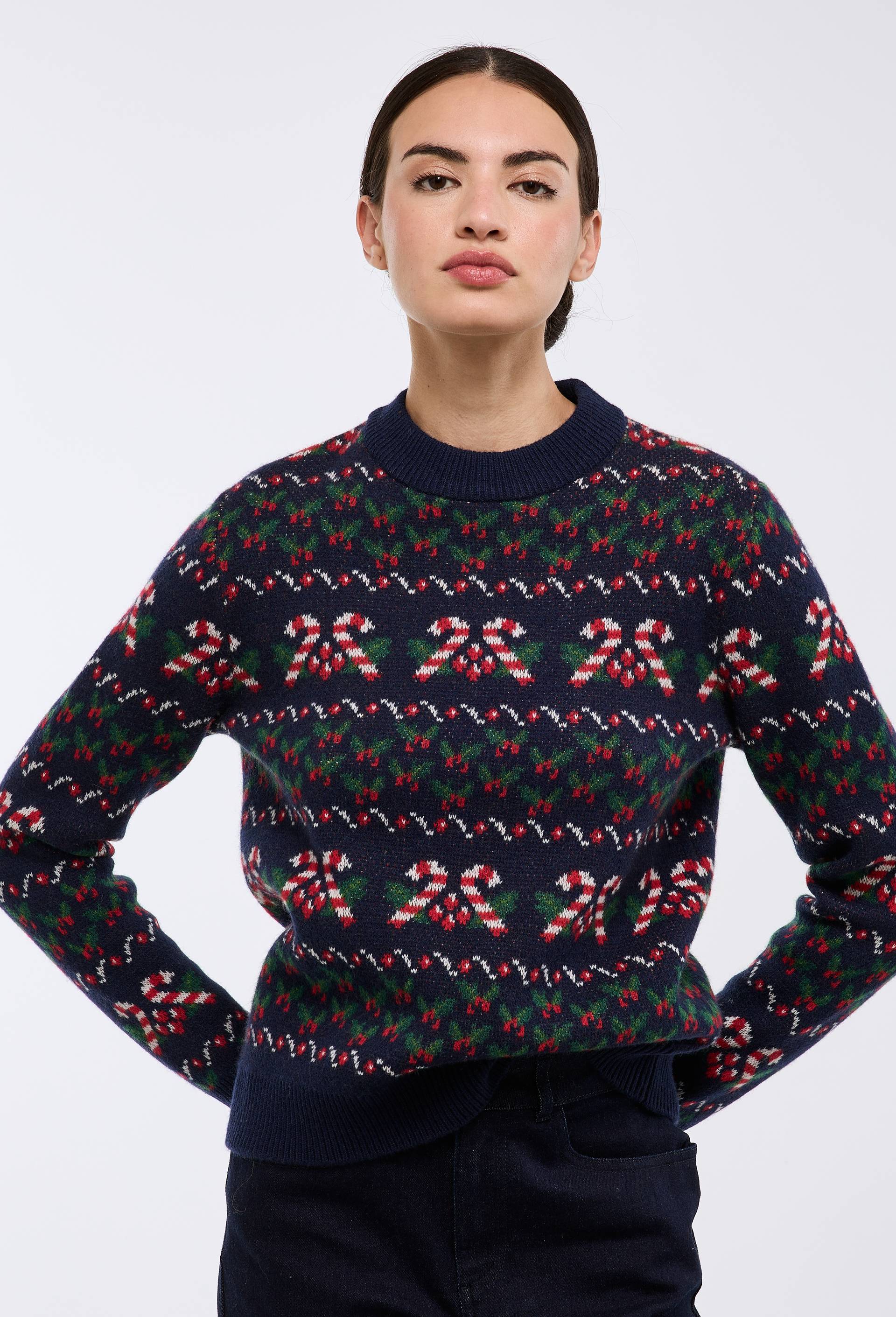 Pull jacquard fantaisie en laine, Bleu fonc&eacute;, large image number 0.0