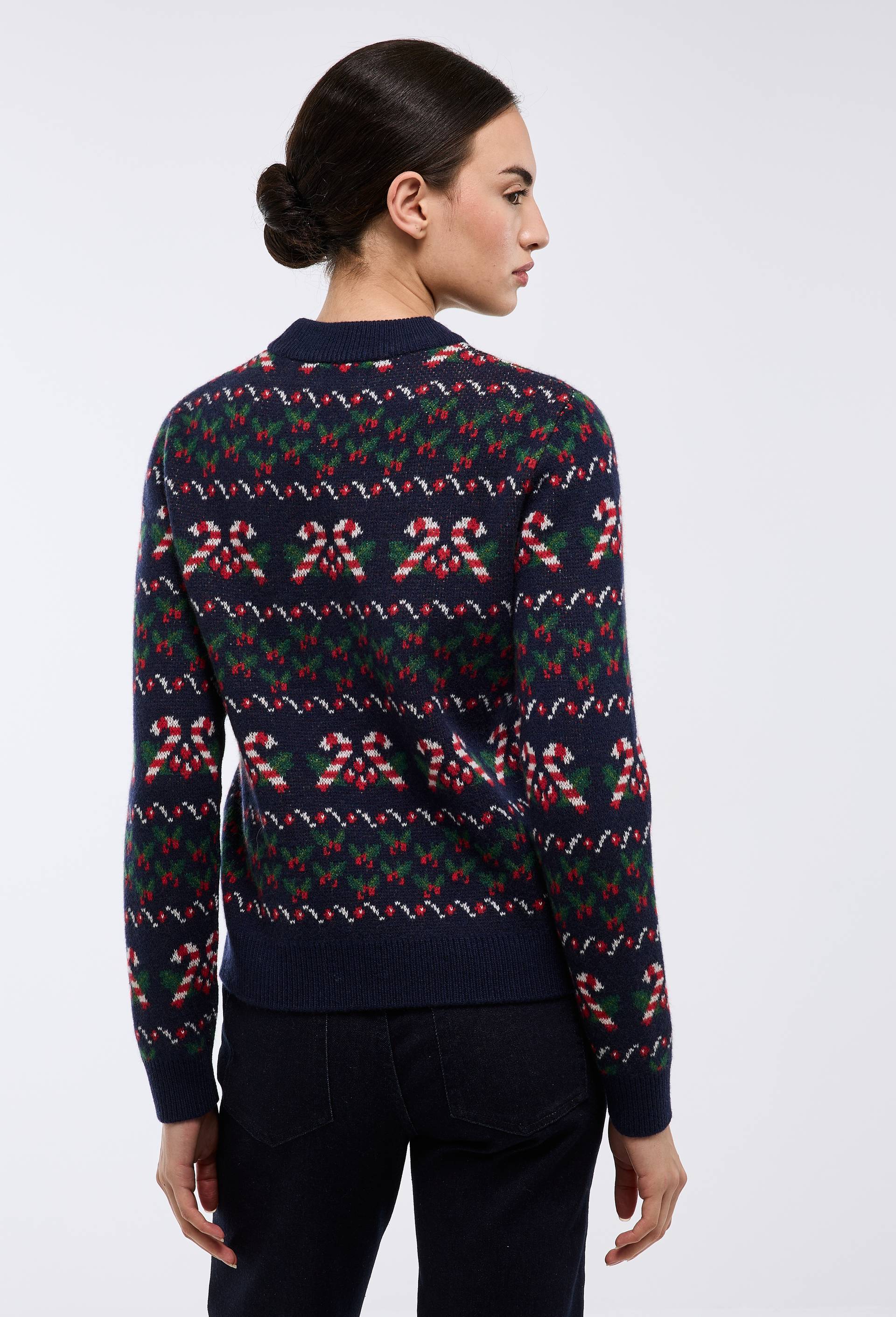Pull jacquard fantaisie en laine, Bleu fonc&eacute;, large image number 1