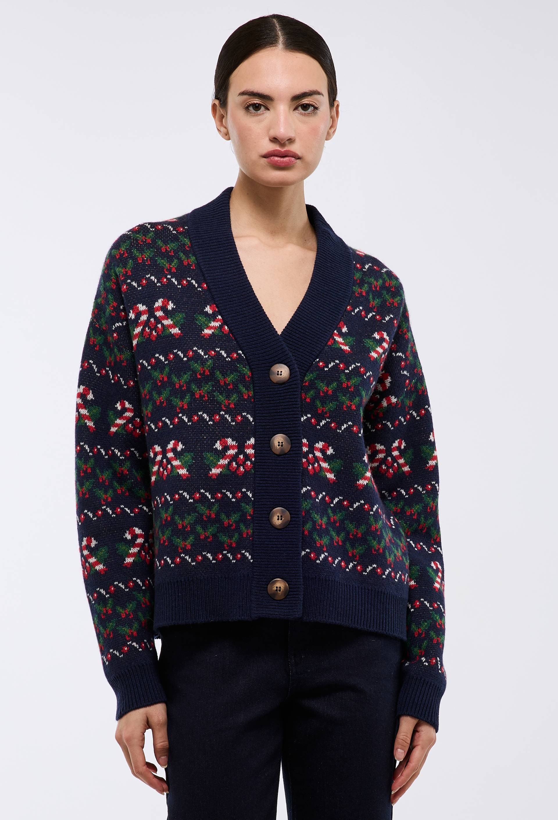 Cardigan boutonn&eacute; en jacquard fantaisie en laine, Bleu fonc&eacute;, large image number 0