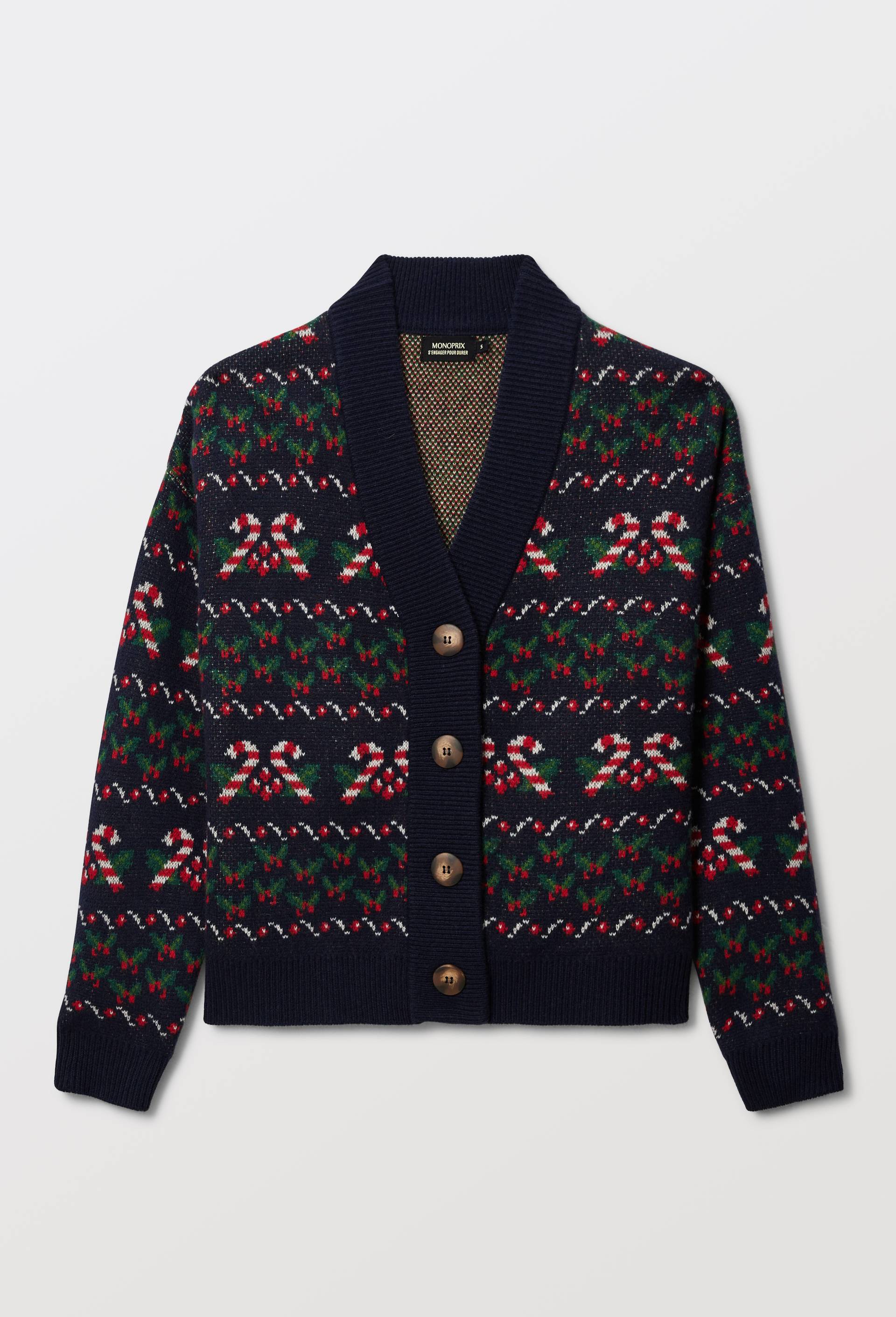 Cardigan boutonn&eacute; en jacquard fantaisie en laine, Bleu fonc&eacute;, large image number 2.0