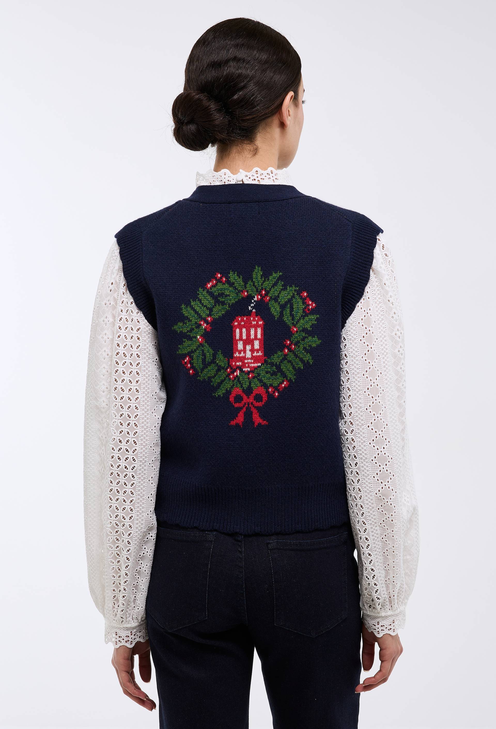 Cardigan sans manches en jacquard fantaisie en laine, Bleu fonc&eacute;, large image number 0