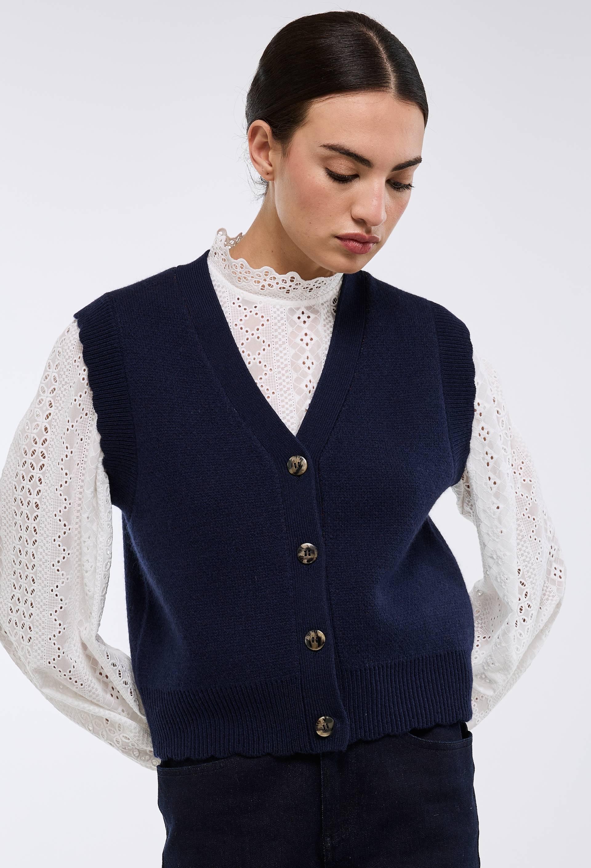 Cardigan sans manches en jacquard fantaisie en laine, Bleu fonc&eacute;, large image number 1