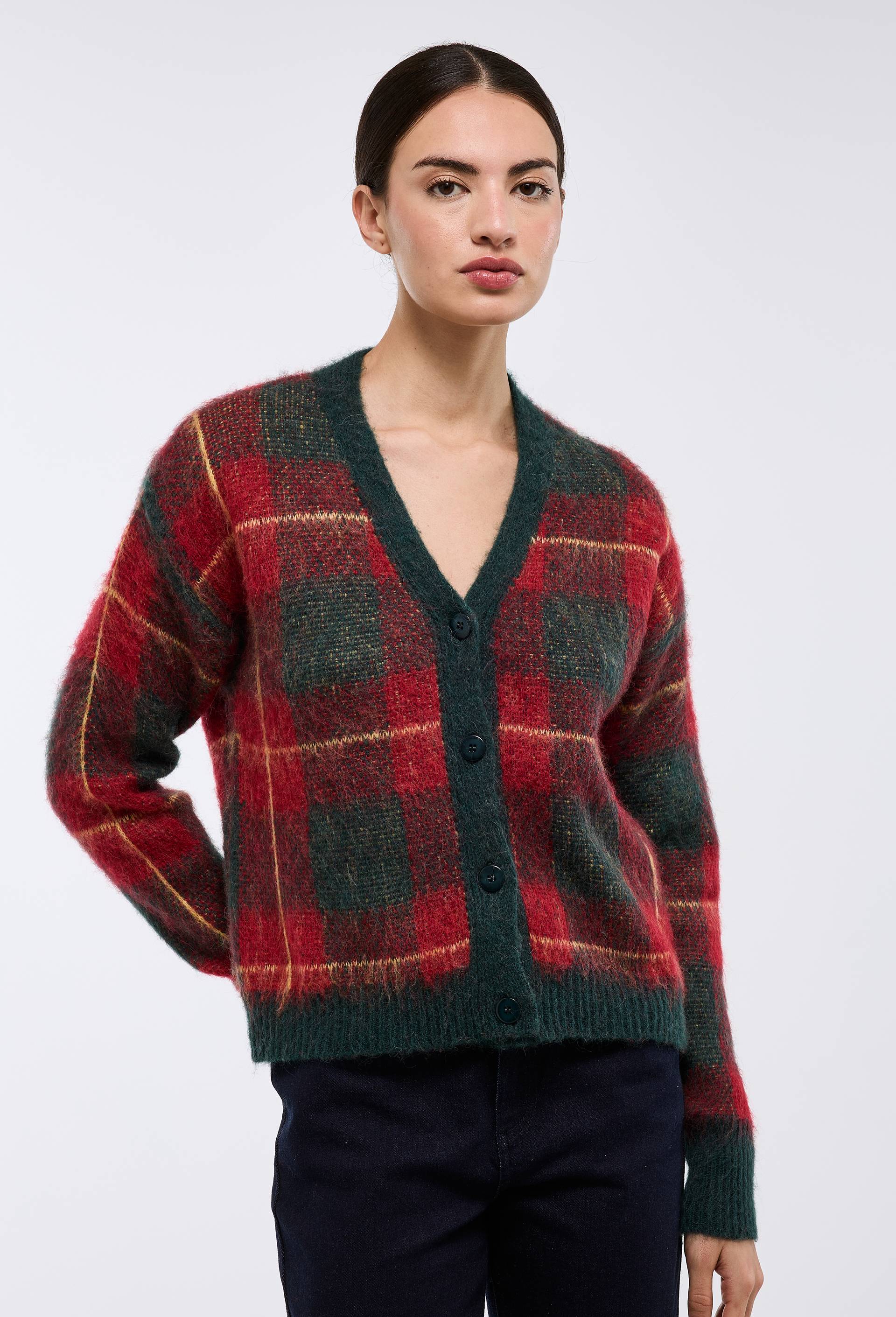 Cardigan manches longues &agrave; carreaux, Rouge, large image number 0