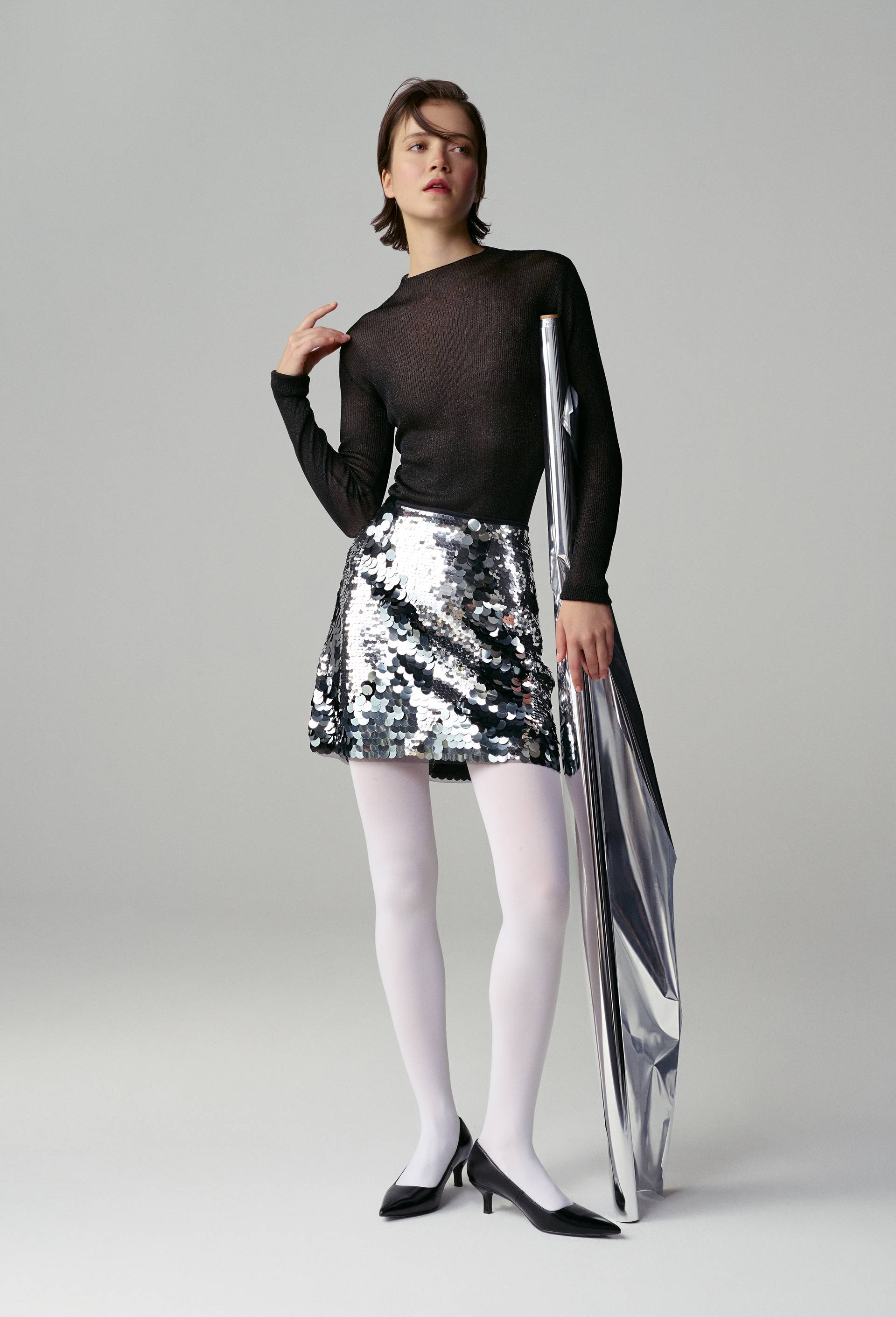 Jupe courte sequins, Argent, large image number 0