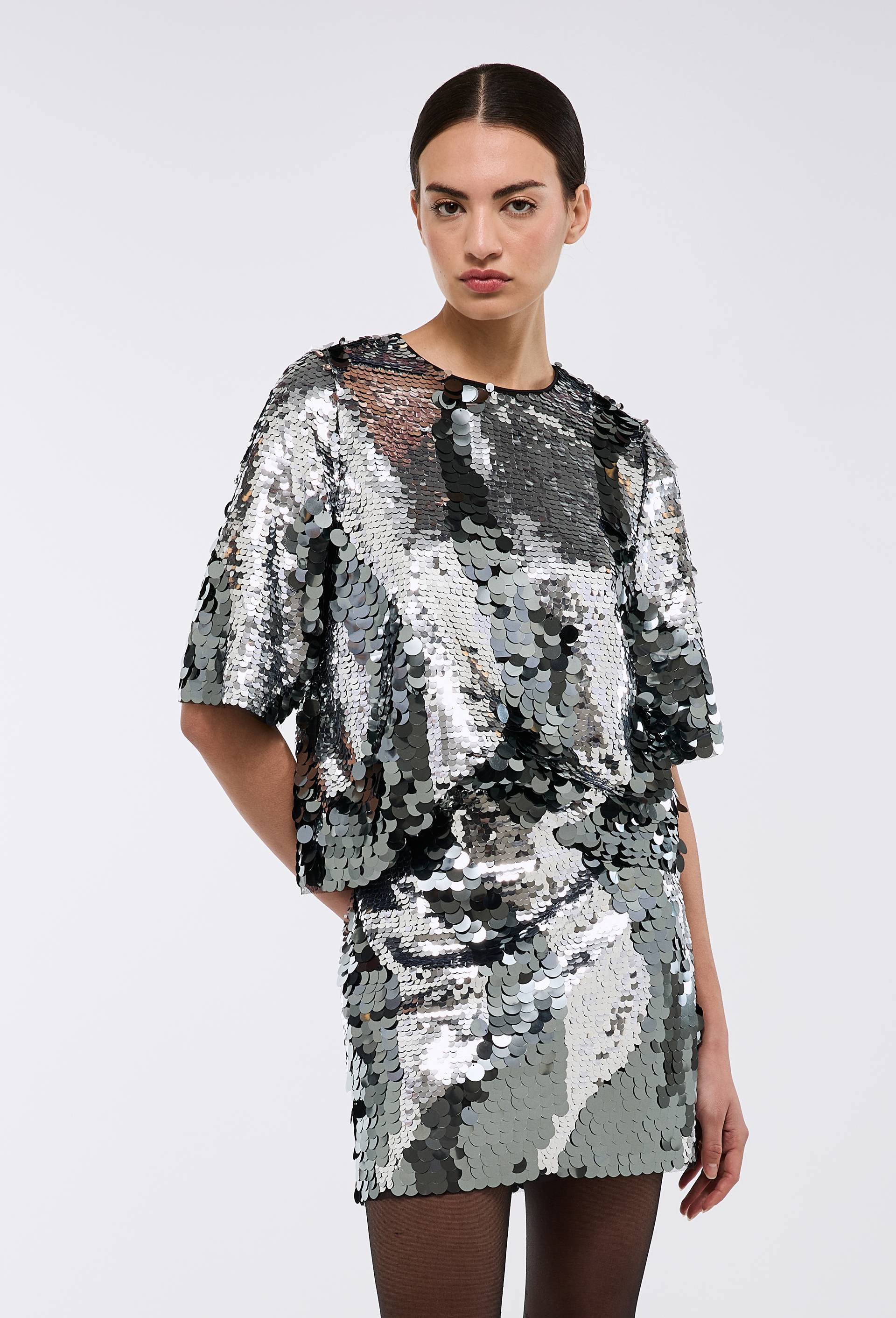 Jupe courte sequins, Argent, large image number 1
