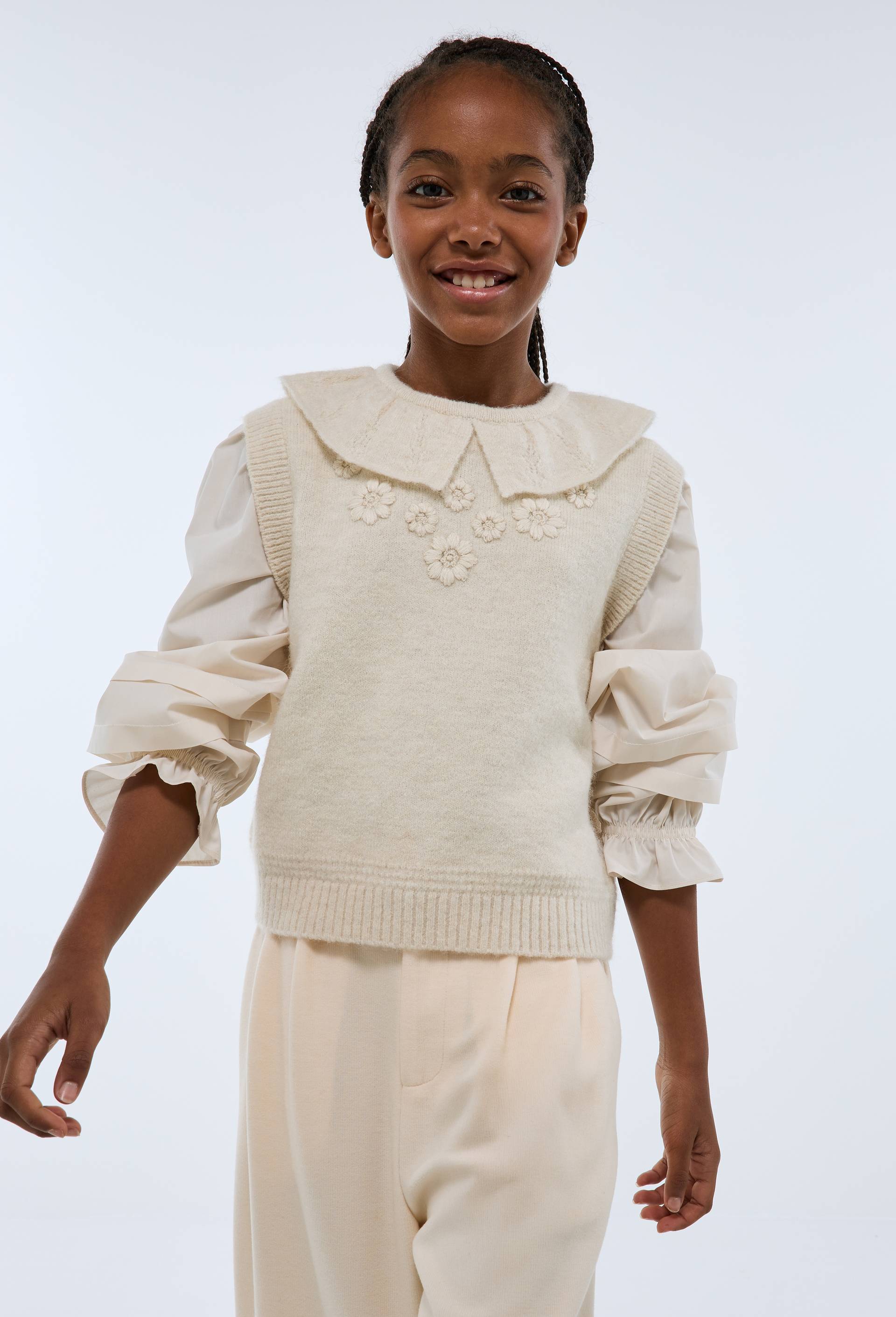 Pull bi-mati&egrave;re brod&eacute; contenant de la laine, Beige clair, large image number 0.0