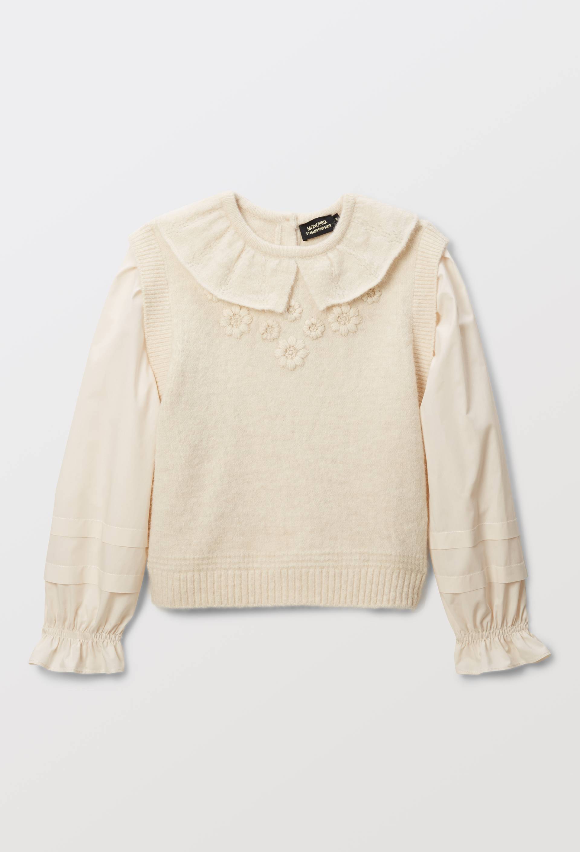 Pull bi-mati&egrave;re brod&eacute; contenant de la laine, Beige clair, large image number 2.0