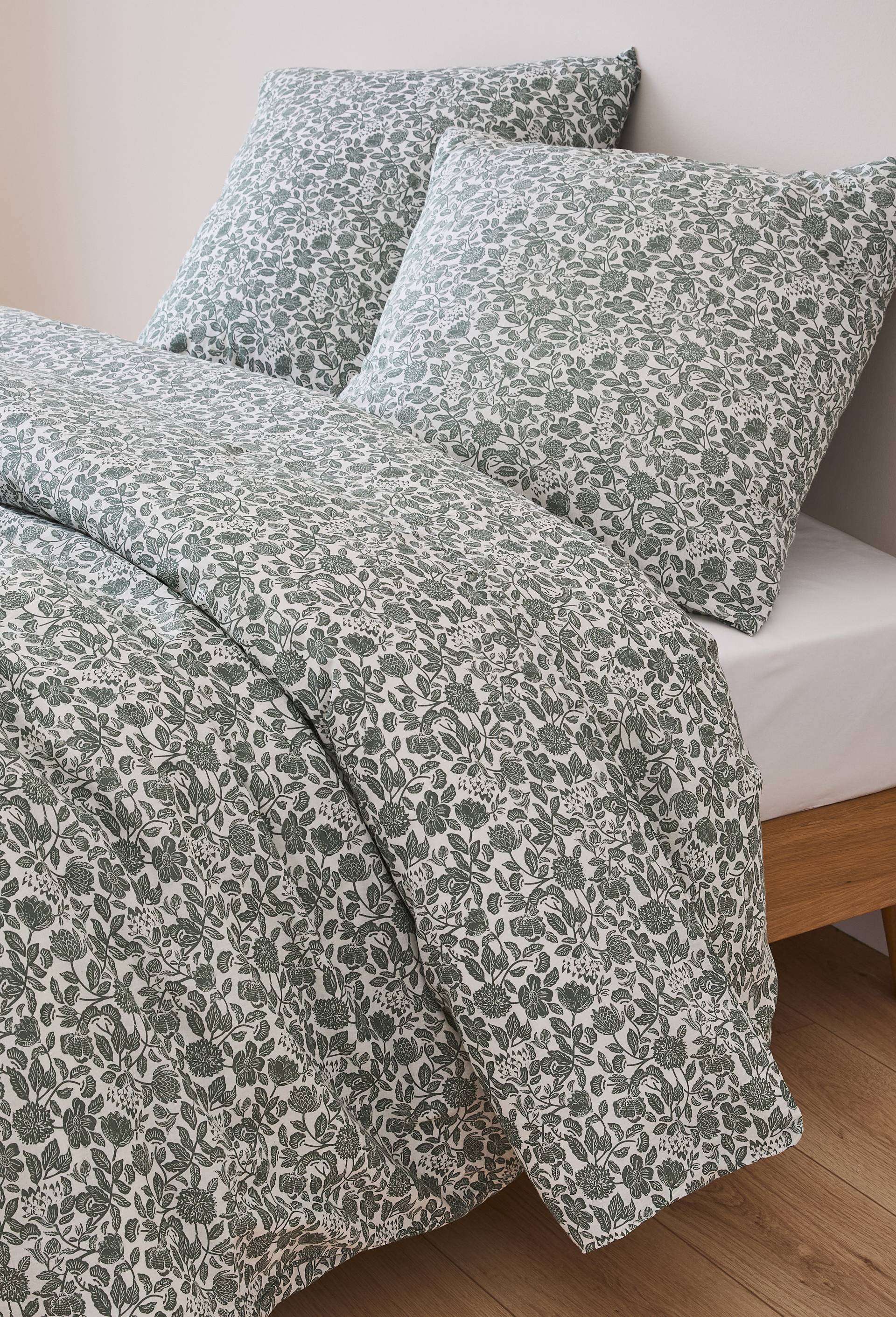 Lot housse de couette et taie carr&eacute;e 63x63cm imprim&eacute;, 100% coton bio GOTS,  52 fils HC finition boutons, Vert, large image number 0.0