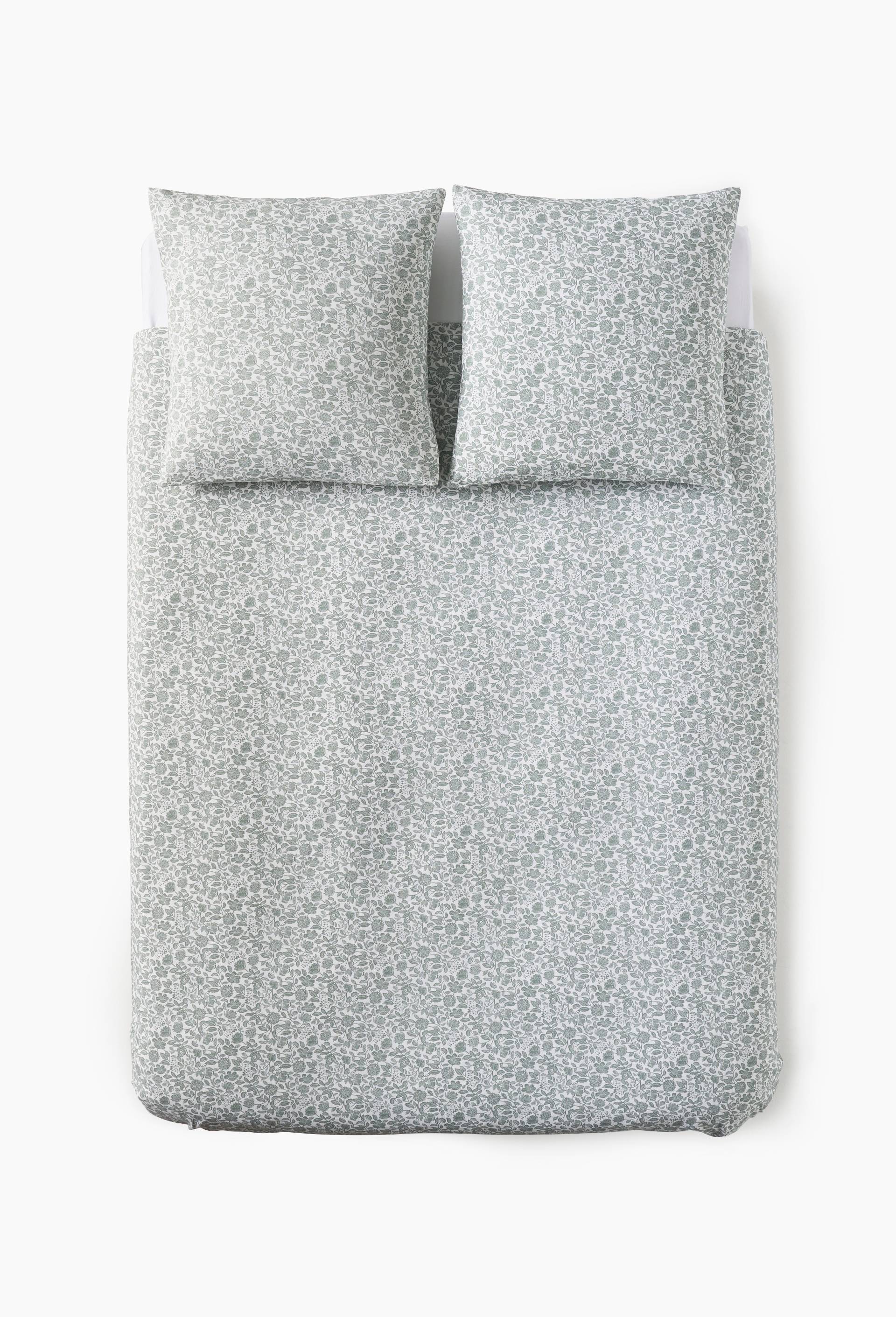 Lot housse de couette et taie carr&eacute;e 63x63cm imprim&eacute;, 100% coton bio GOTS,  52 fils HC finition boutons, Vert, large image number 1