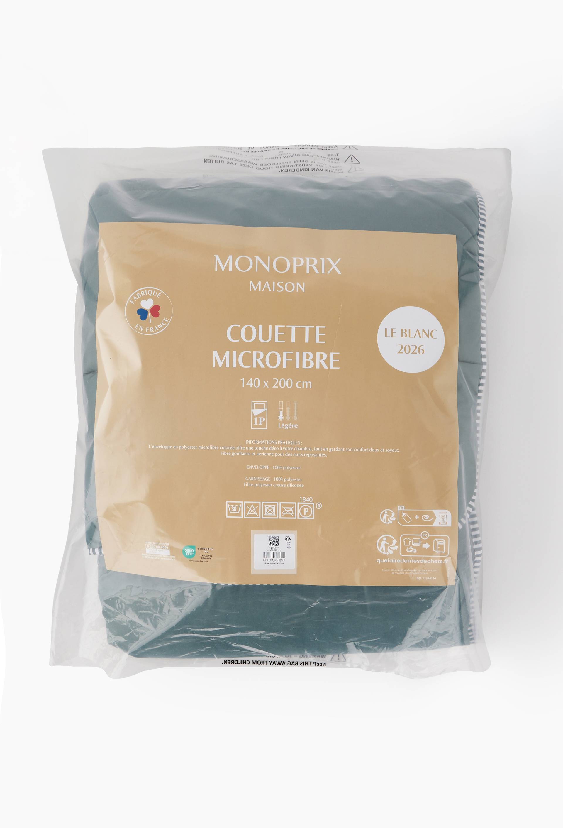 Couette microfibre 200g, enveloppe 100% polyester et garnissage 100% polyester silicon&eacute;, Vert, large image number 2