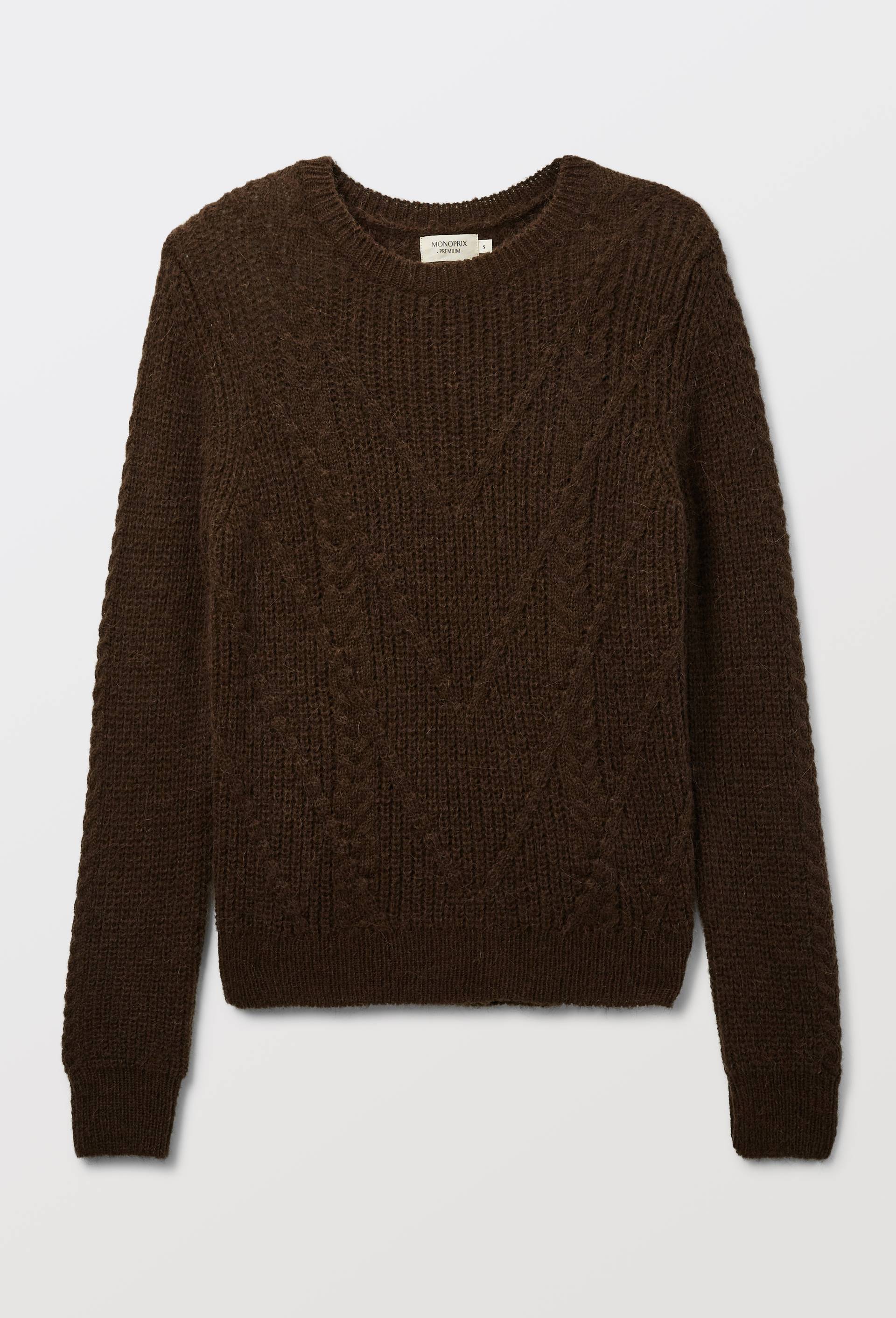 Pull col rond uni avec torsades, contenant de l'alpaga, Brun fonc&eacute;, large image number 2