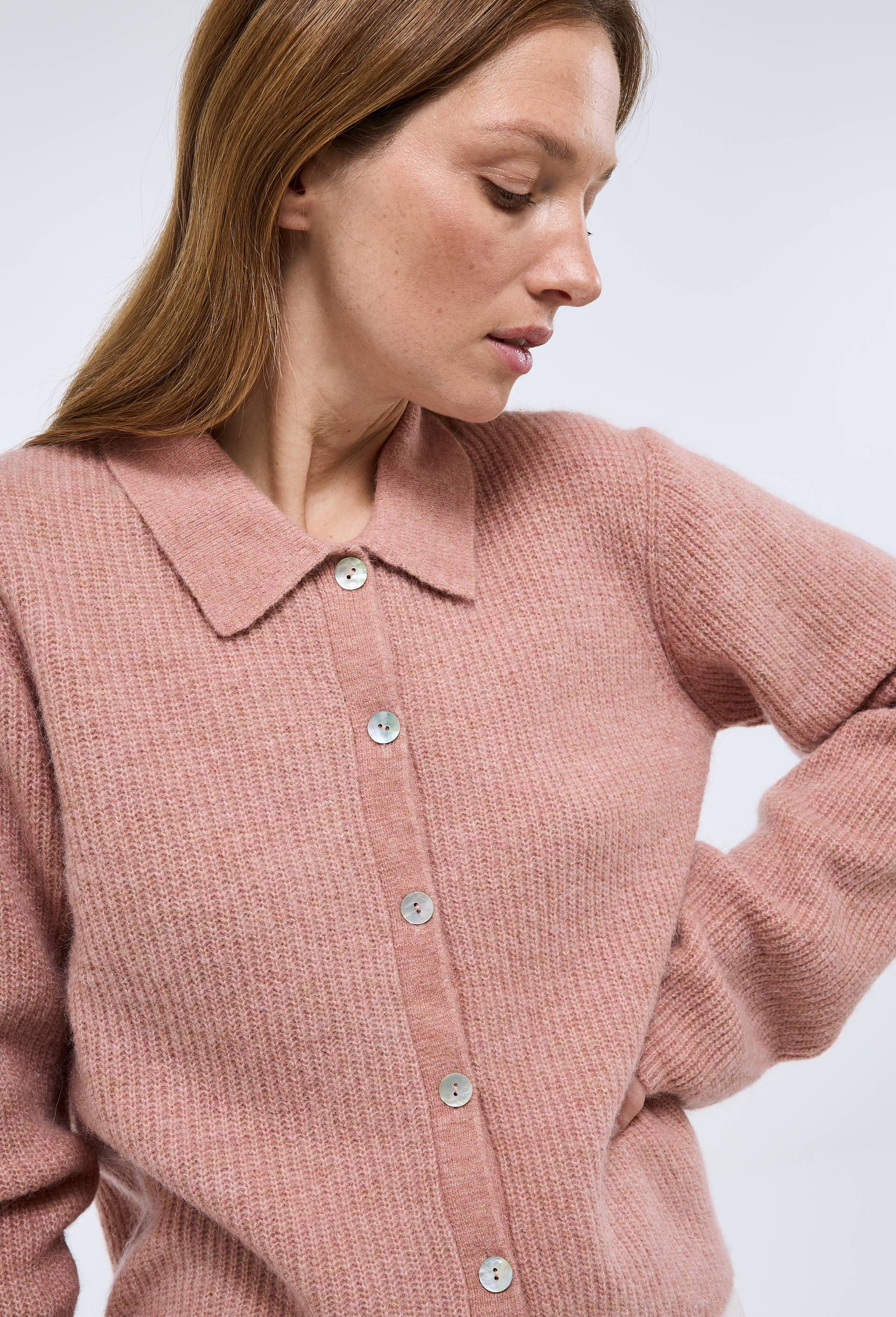 Cardigan col polo contenant de l'alpaga, Rose, large image number 0.0