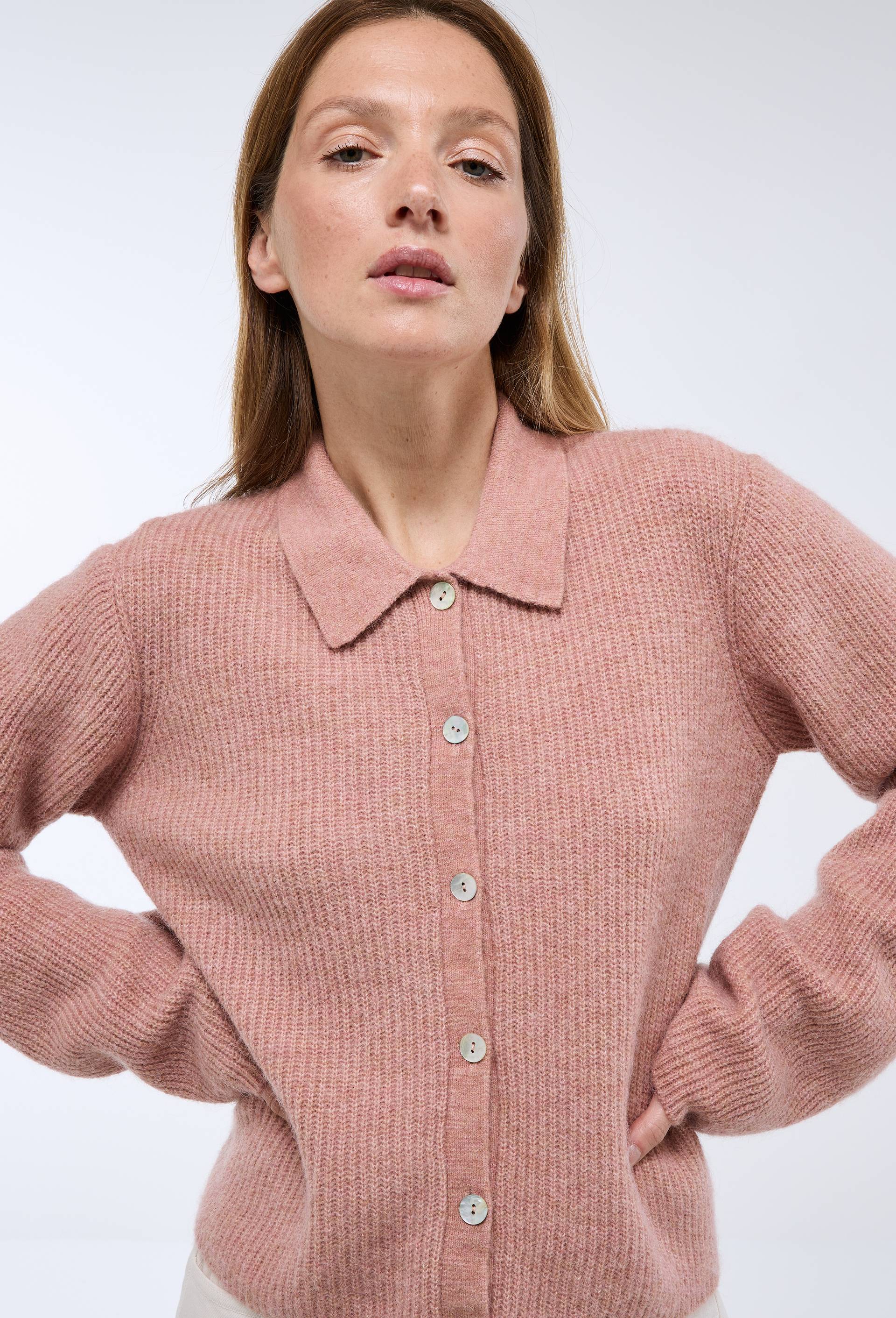 Cardigan col polo contenant de l'alpaga, Rose, large image number 1