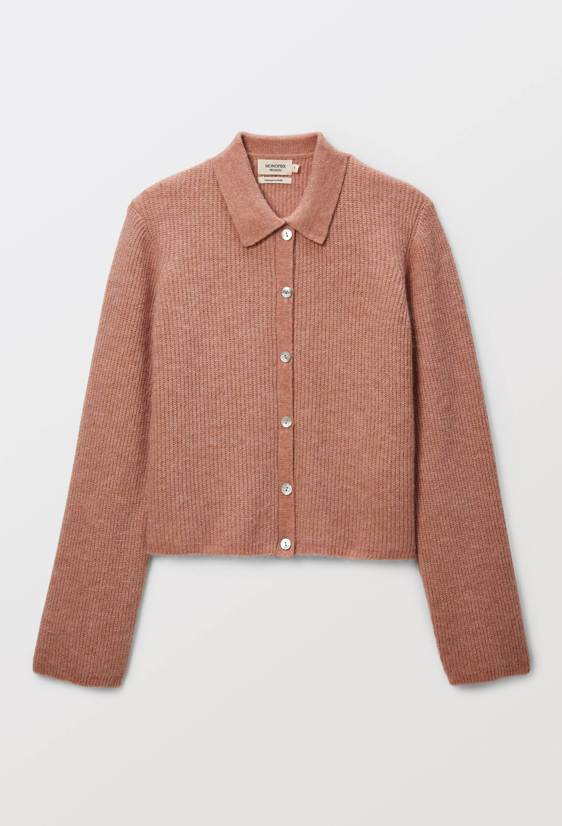 Cardigan col polo contenant de l'alpaga, Rose, large image number 3